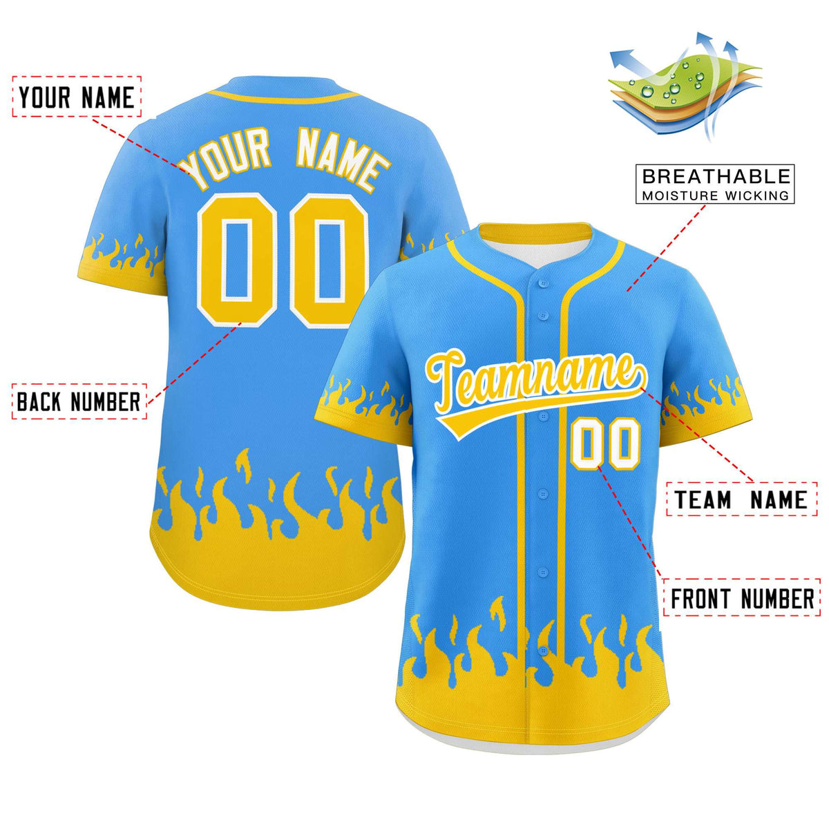 Custom Powder Blue Gold Personalized Flame Graffiti Pattern Authentic Baseball Jersey Limited