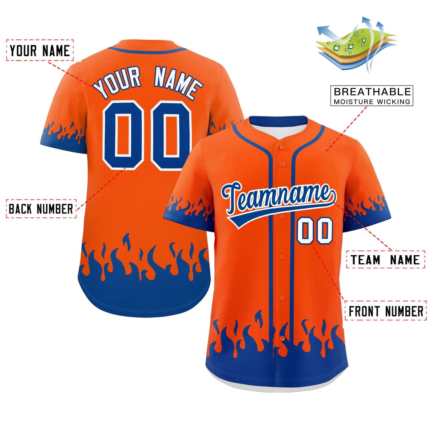 Custom Orange Royal Personalized Flame Graffiti Pattern Authentic Baseball Jersey Limited