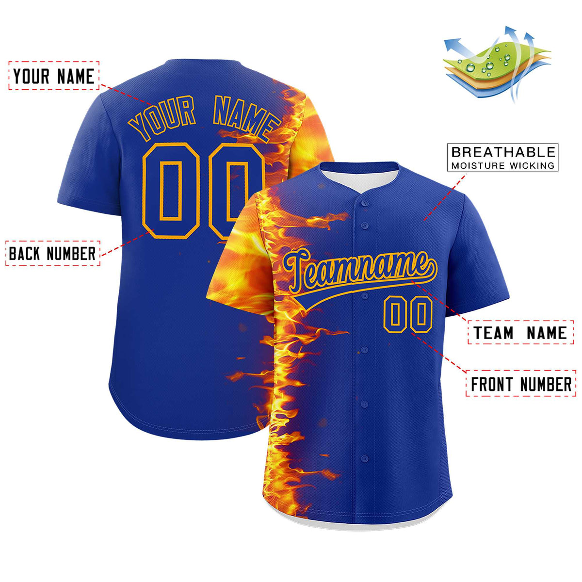 Custom Royal Personalized 3D Flame Design Authentic Baseball Jersey Limited