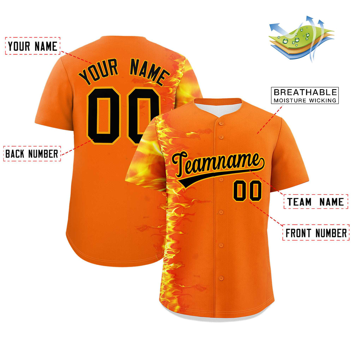 Custom Orange Personalized 3D Flame Design Authentic Baseball Jersey Limited