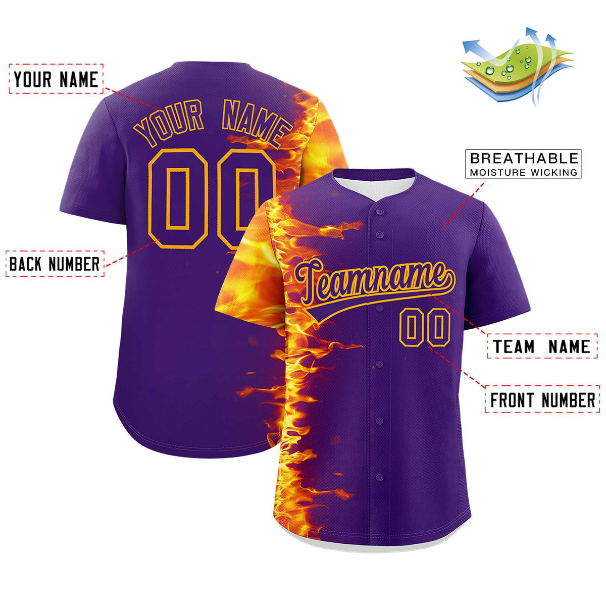 Custom Purple Personalized 3D Flame Design Authentic Baseball Jersey Limited