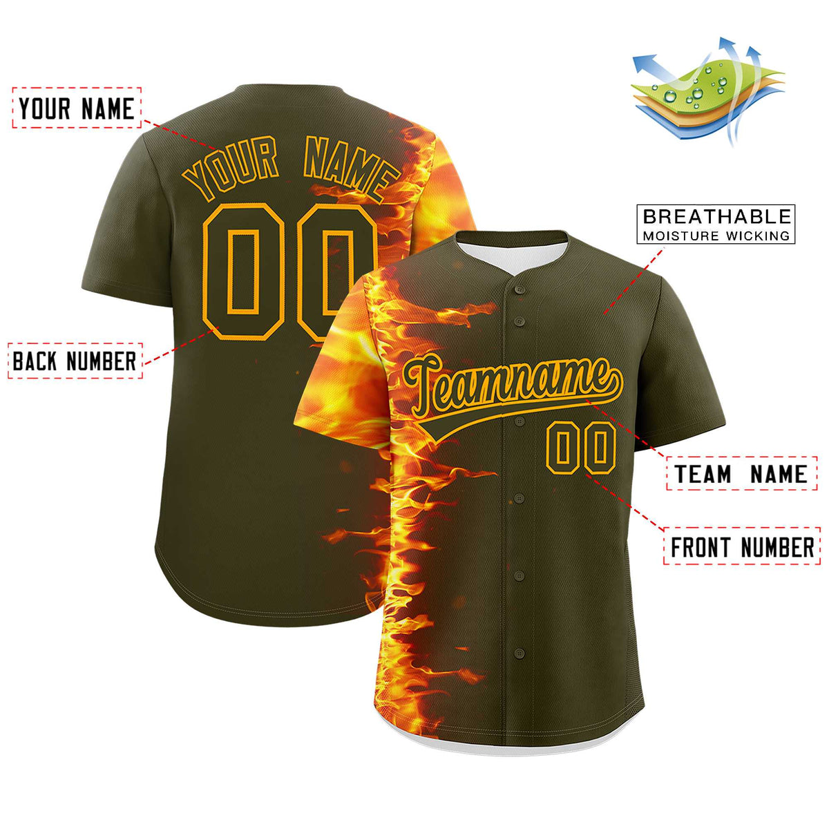 Custom Olive Personalized 3D Flame Design Authentic Baseball Jersey Limited