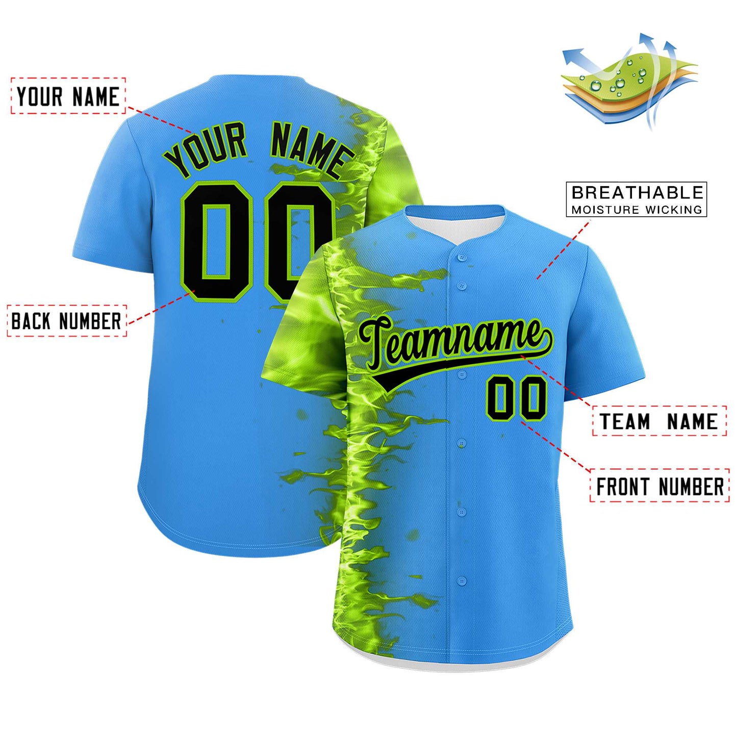 Custom Powder Blue Personalized 3D Flame Design Authentic Baseball Jersey Limited
