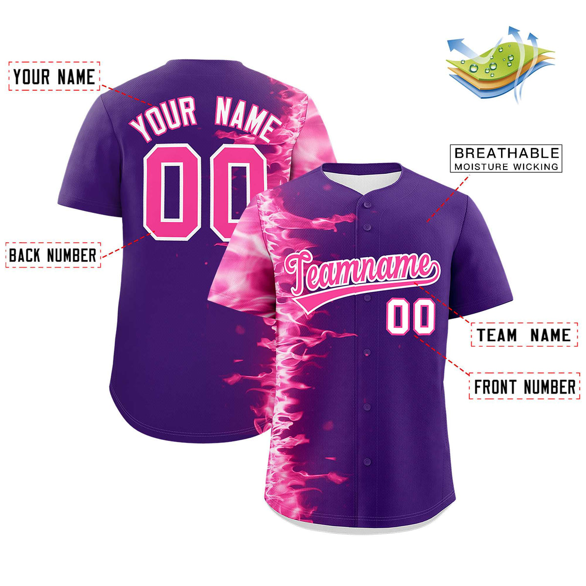 Custom Purple Personalized 3D Flame Design Authentic Baseball Jersey Limited
