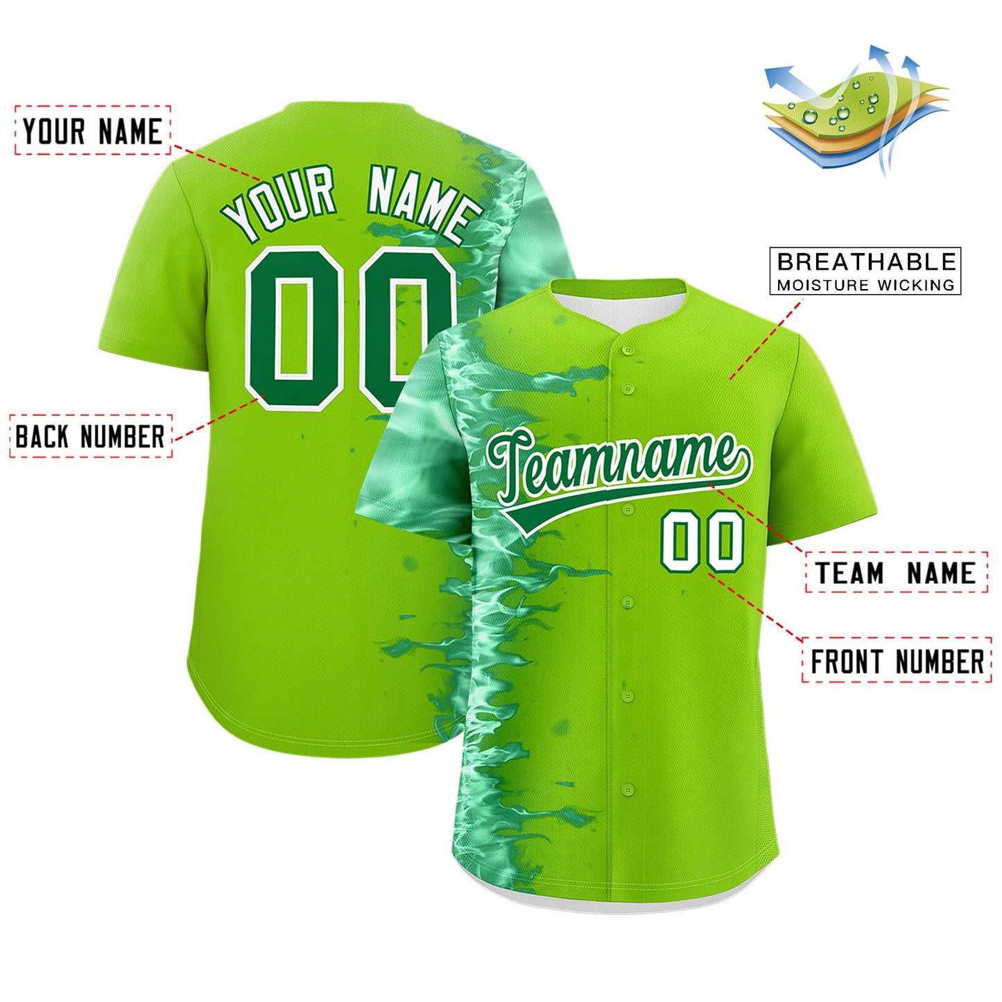 Custom Neon Green Personalized 3D Flame Design Authentic Baseball Jersey Limited