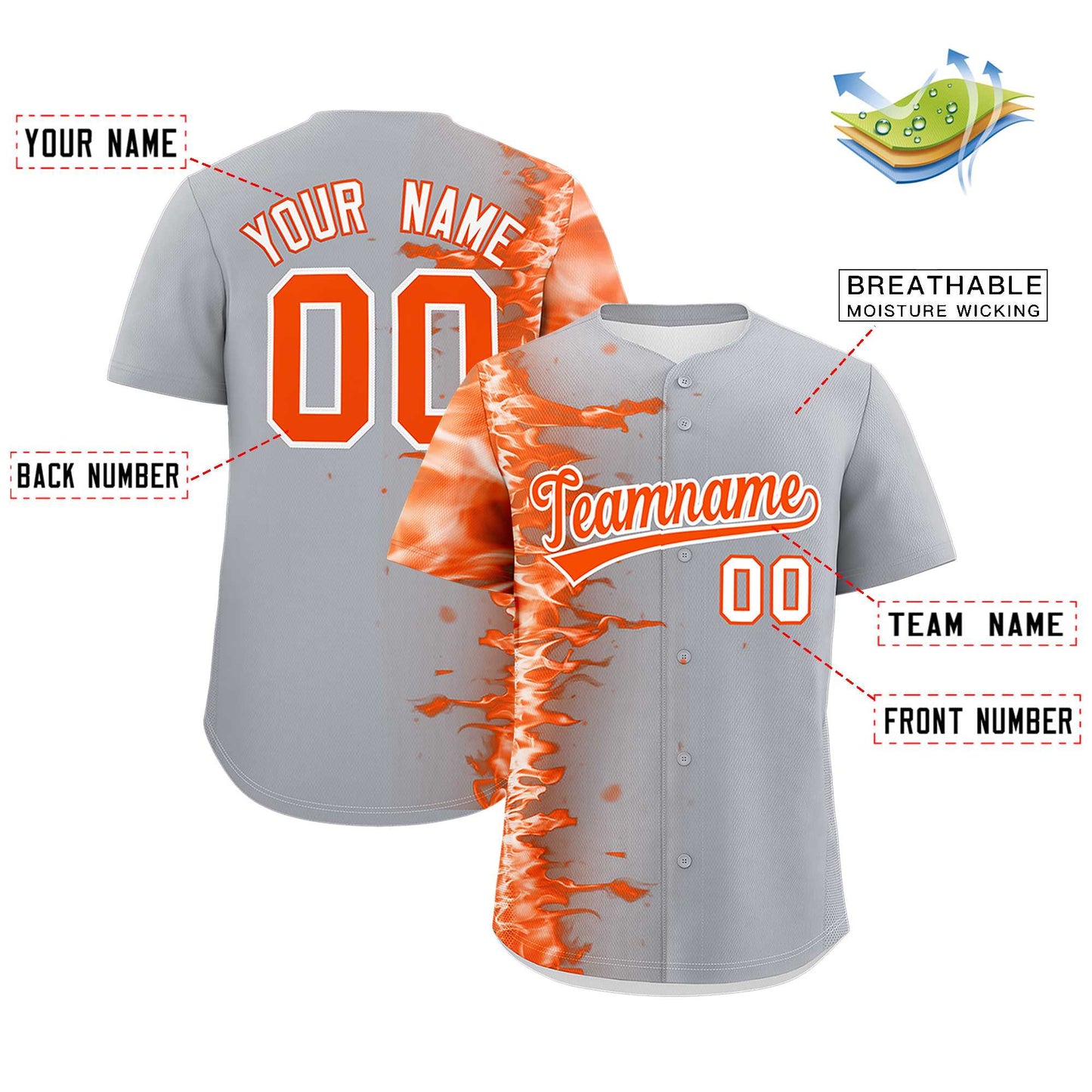 Custom Gray Personalized 3D Flame Design Authentic Baseball Jersey Limited