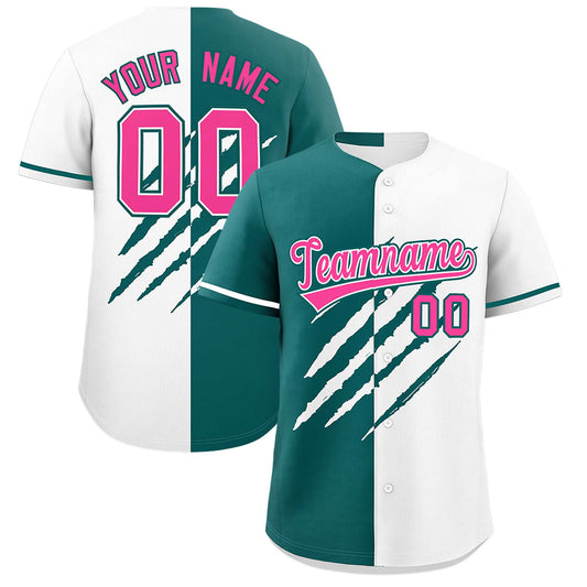 Custom Teal White Split Tiger Claw Scratch Pattern Baseball Jersey