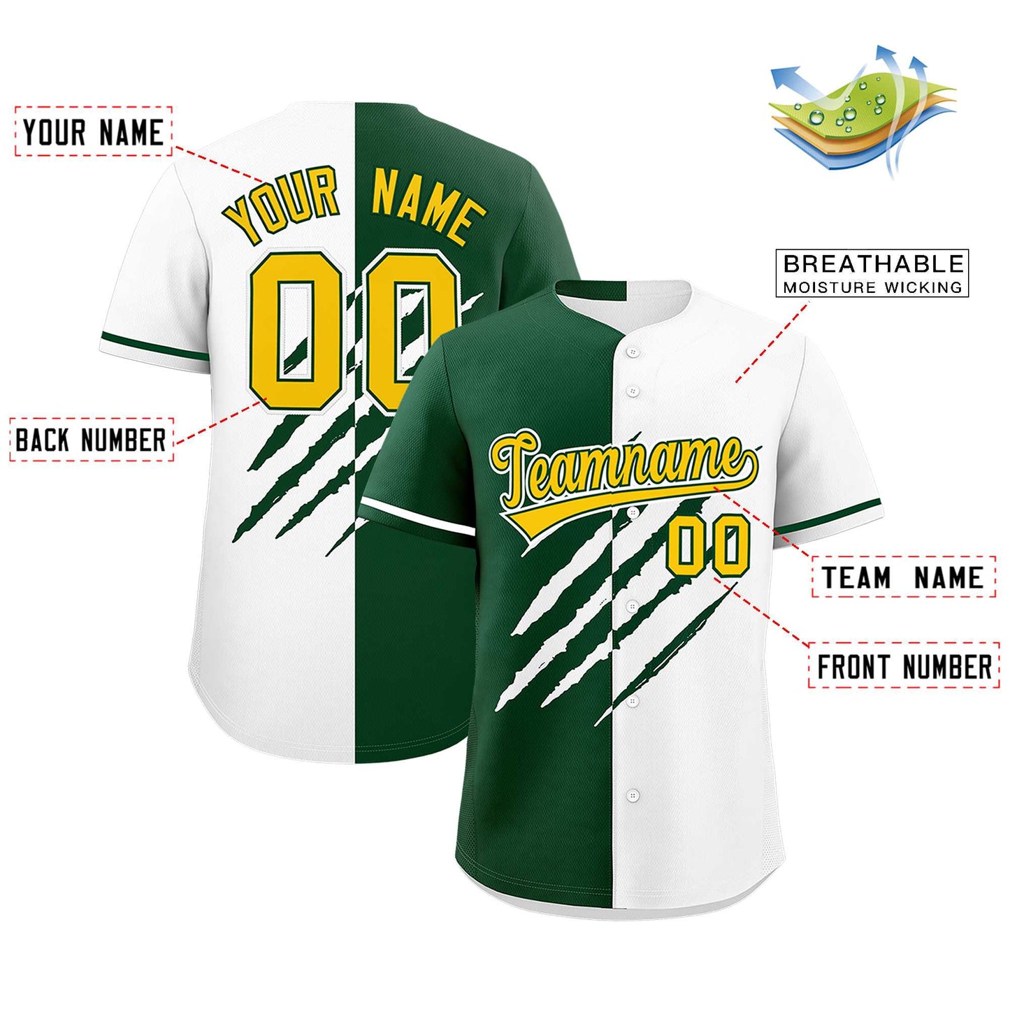 Custom Green White Split Tiger Claw Scratch Pattern Baseball Jersey Limited