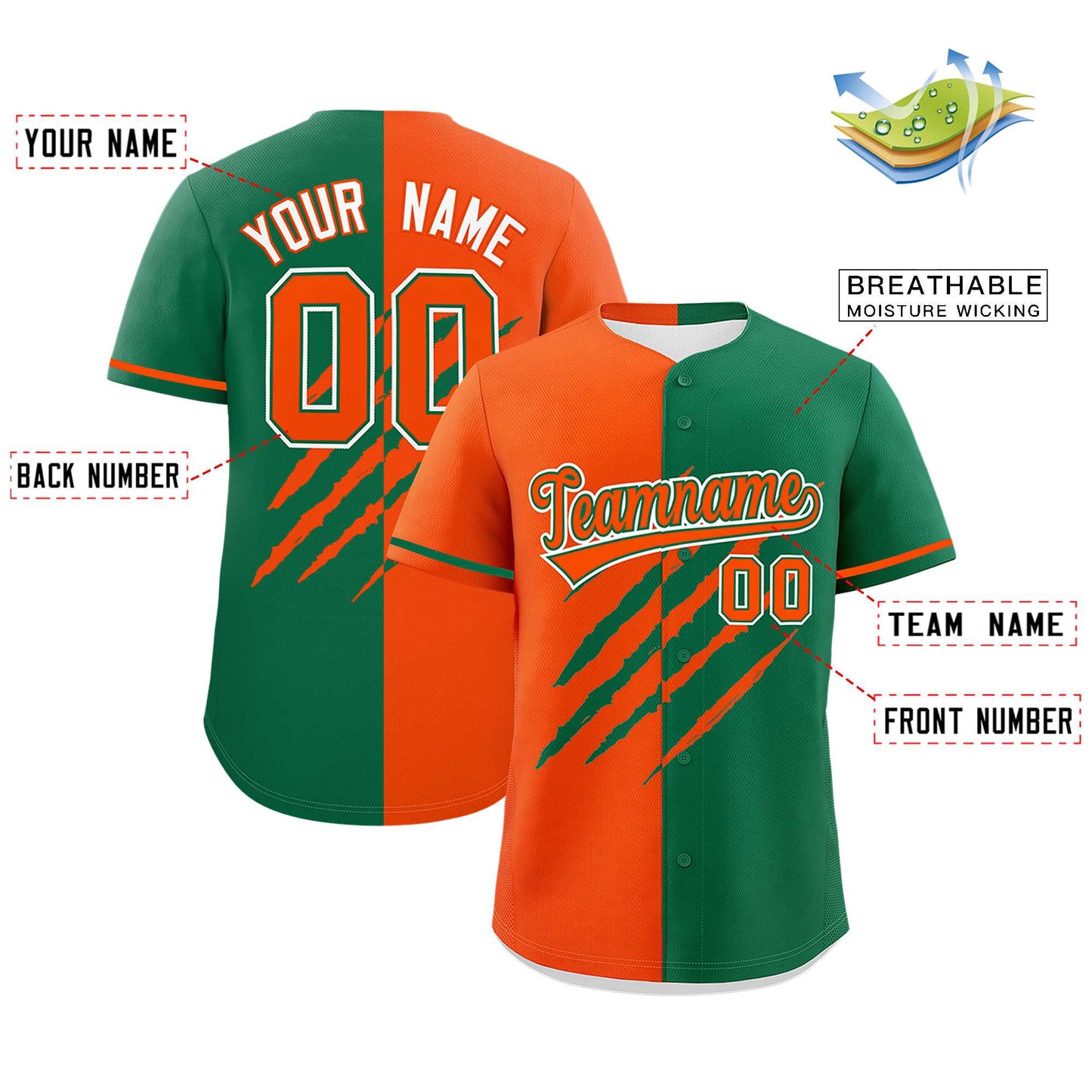 Custom Orange Kelly Green Split Tiger Claw Scratch Pattern Baseball Jersey Limited