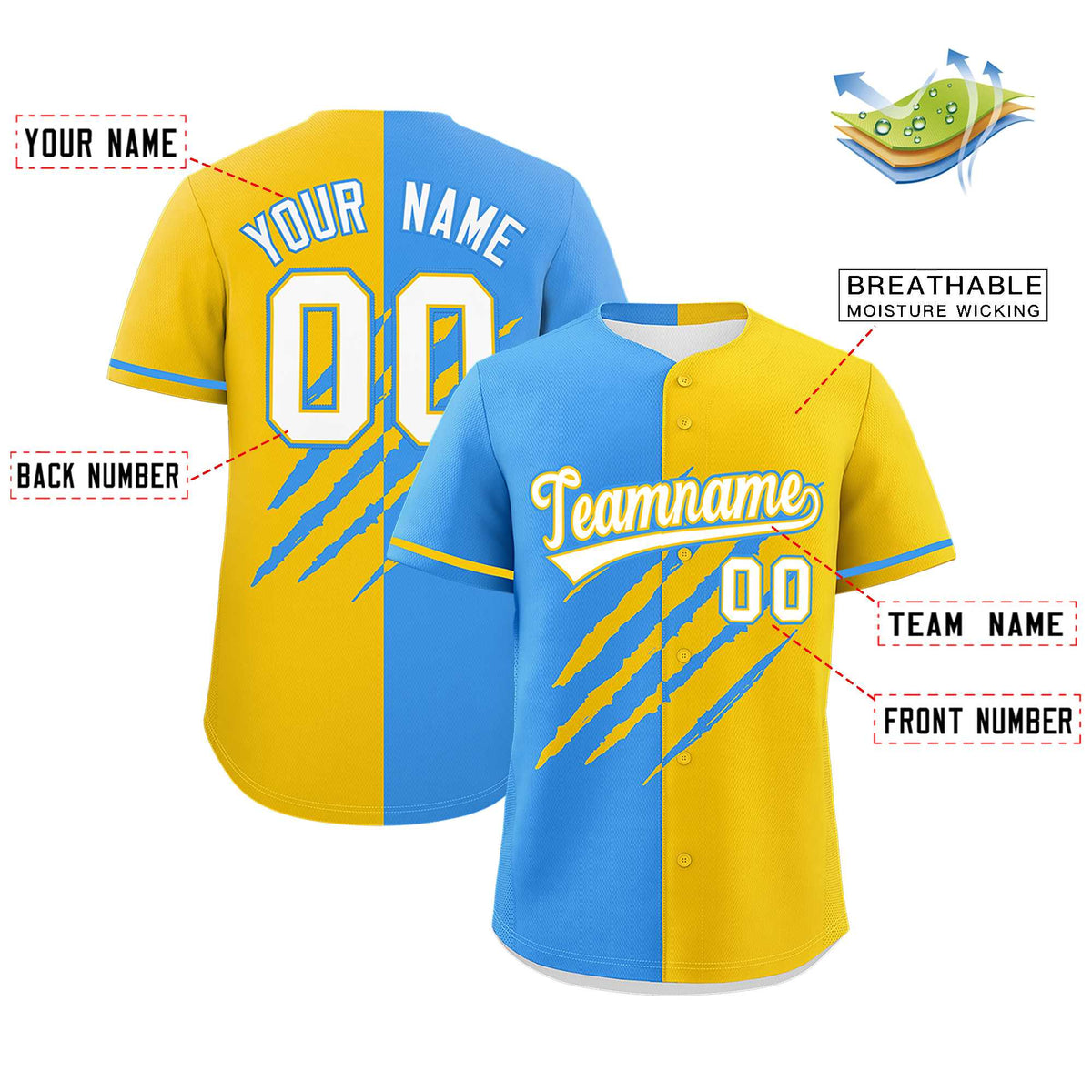 Custom Powder Blue Gold Split Tiger Claw Scratch Pattern Baseball Jersey Limited