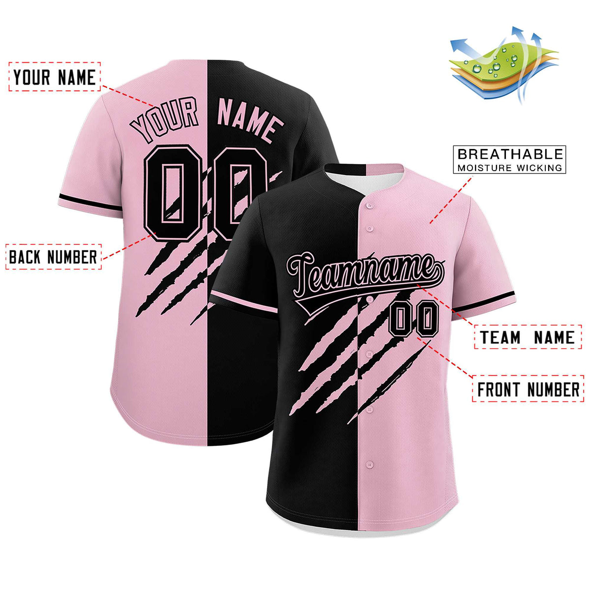 Custom Black Light Pink Split Tiger Claw Scratch Pattern Baseball Jersey Limited