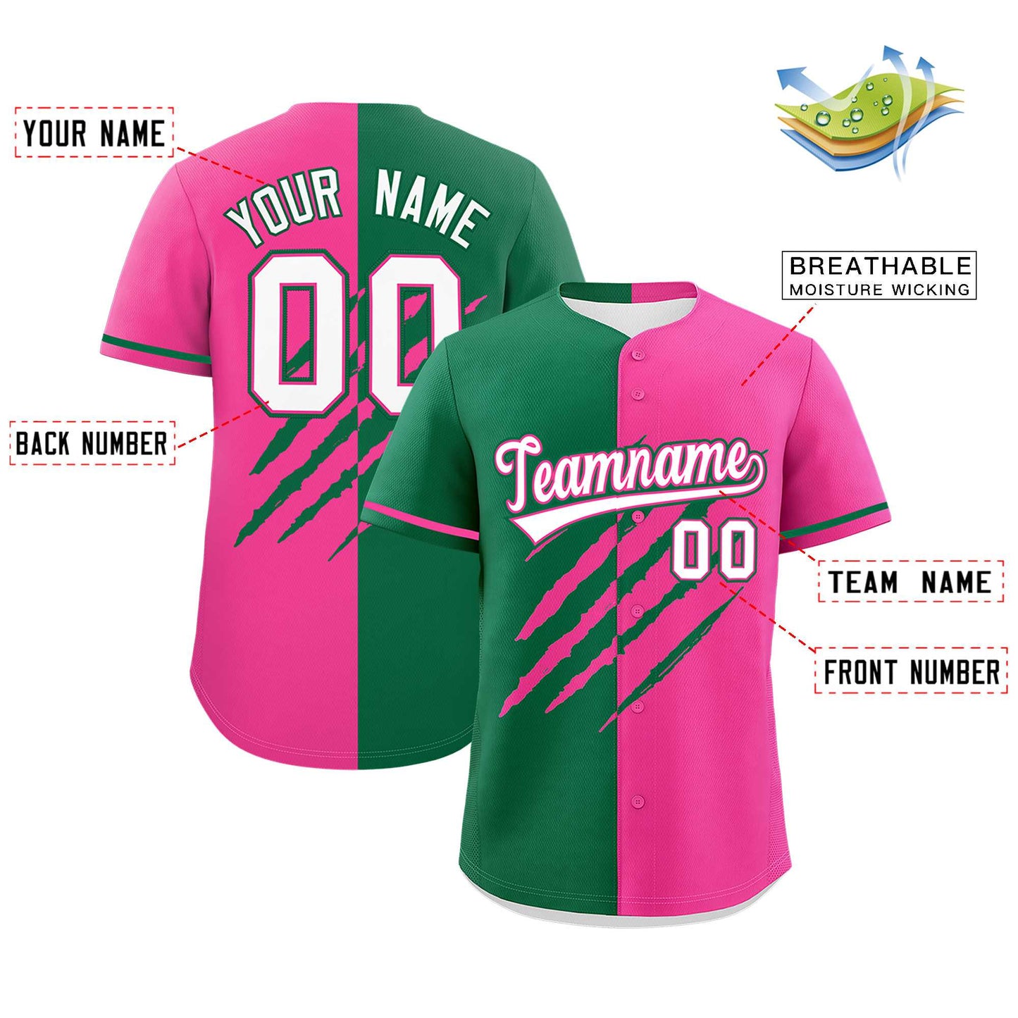 Custom Kelly Green Pink Split Tiger Claw Scratch Pattern Baseball Jersey Limited