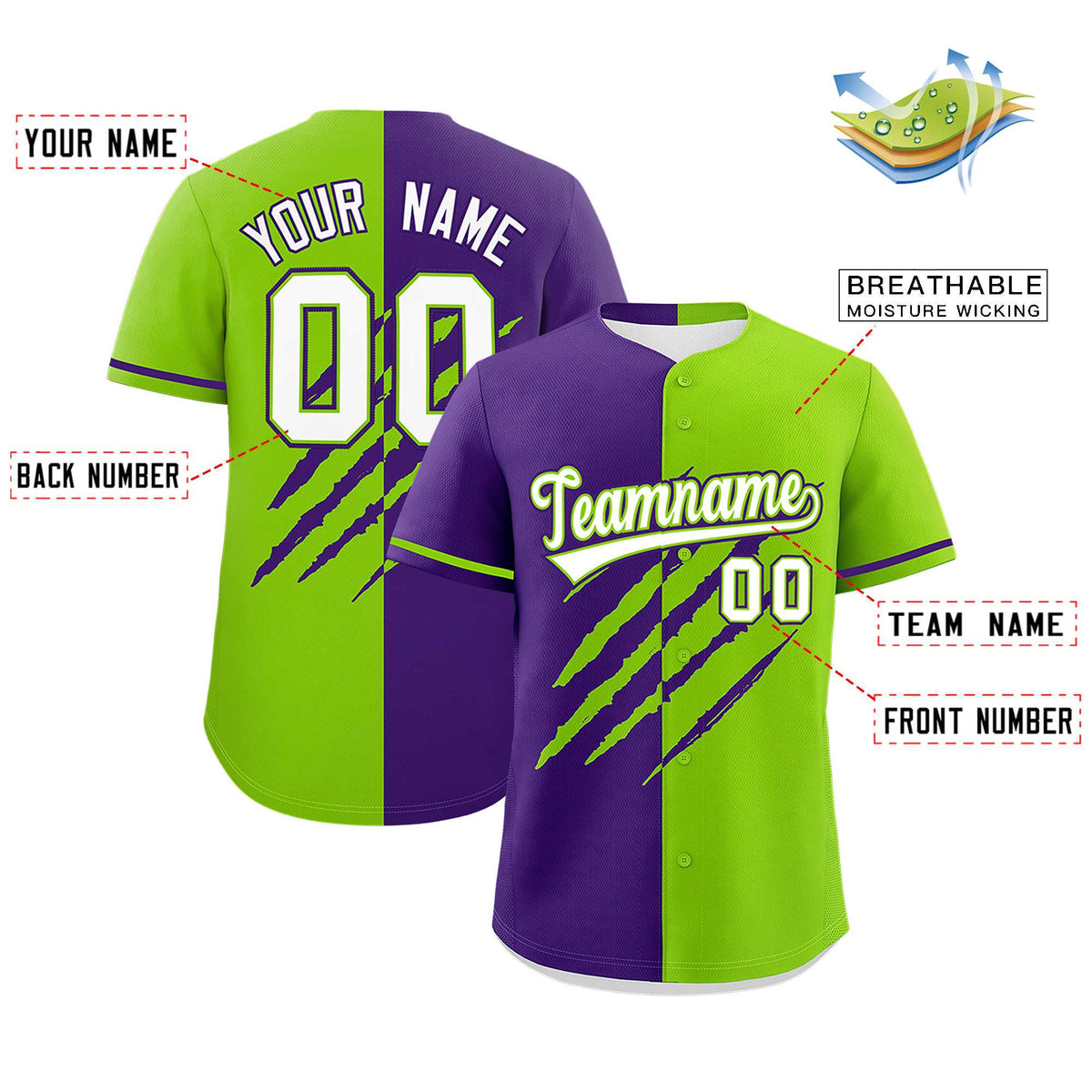 Custom Purple Neon Green Split Tiger Claw Scratch Pattern Baseball Jersey Limited