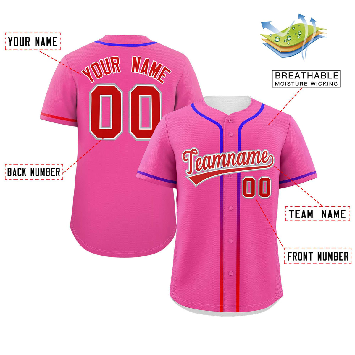 Custom Pink Red Personalized Gradient Ribbed Design Authentic Baseball Jersey Limited