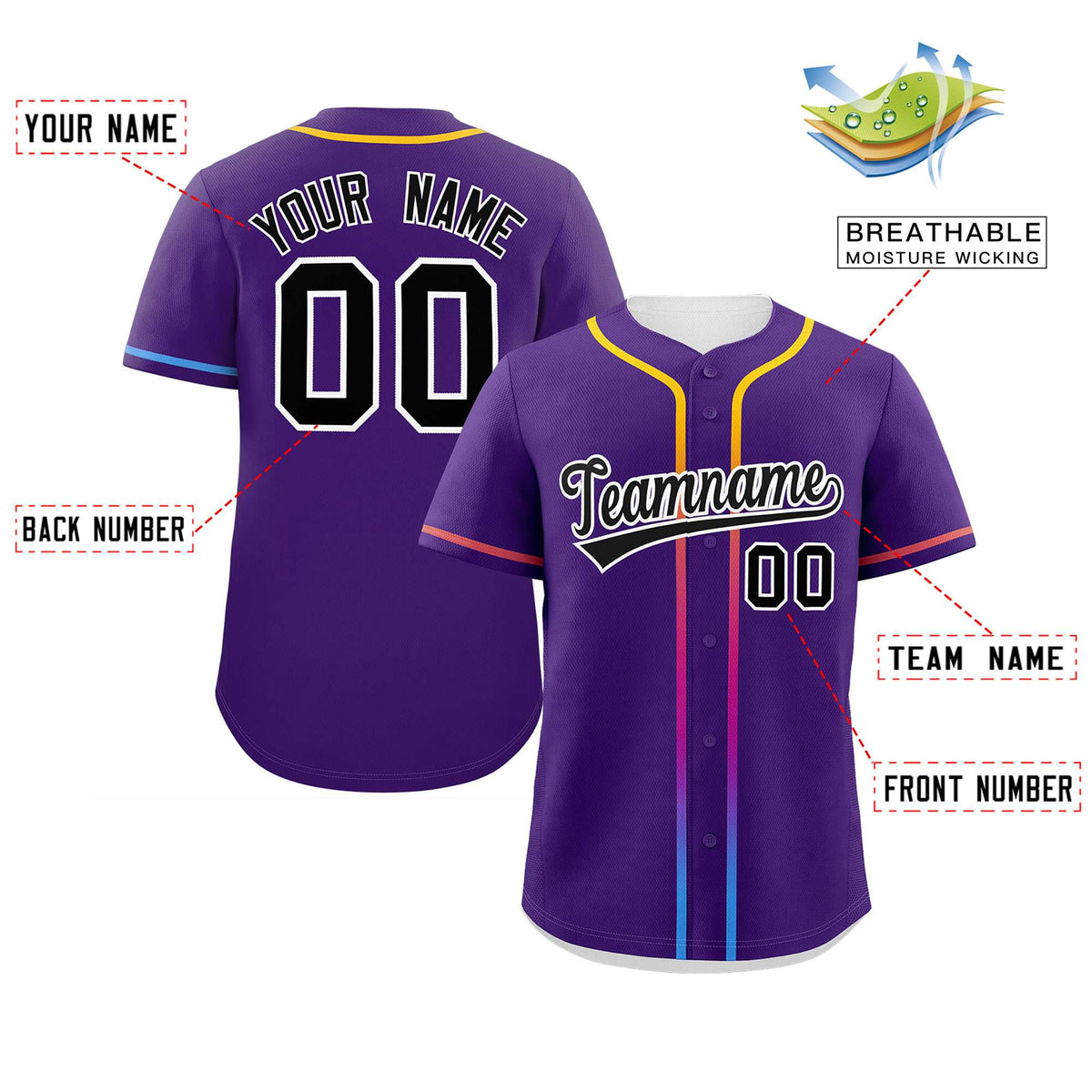 Custom Purple Black Personalized Gradient Ribbed Design Authentic Baseball Jersey Limited