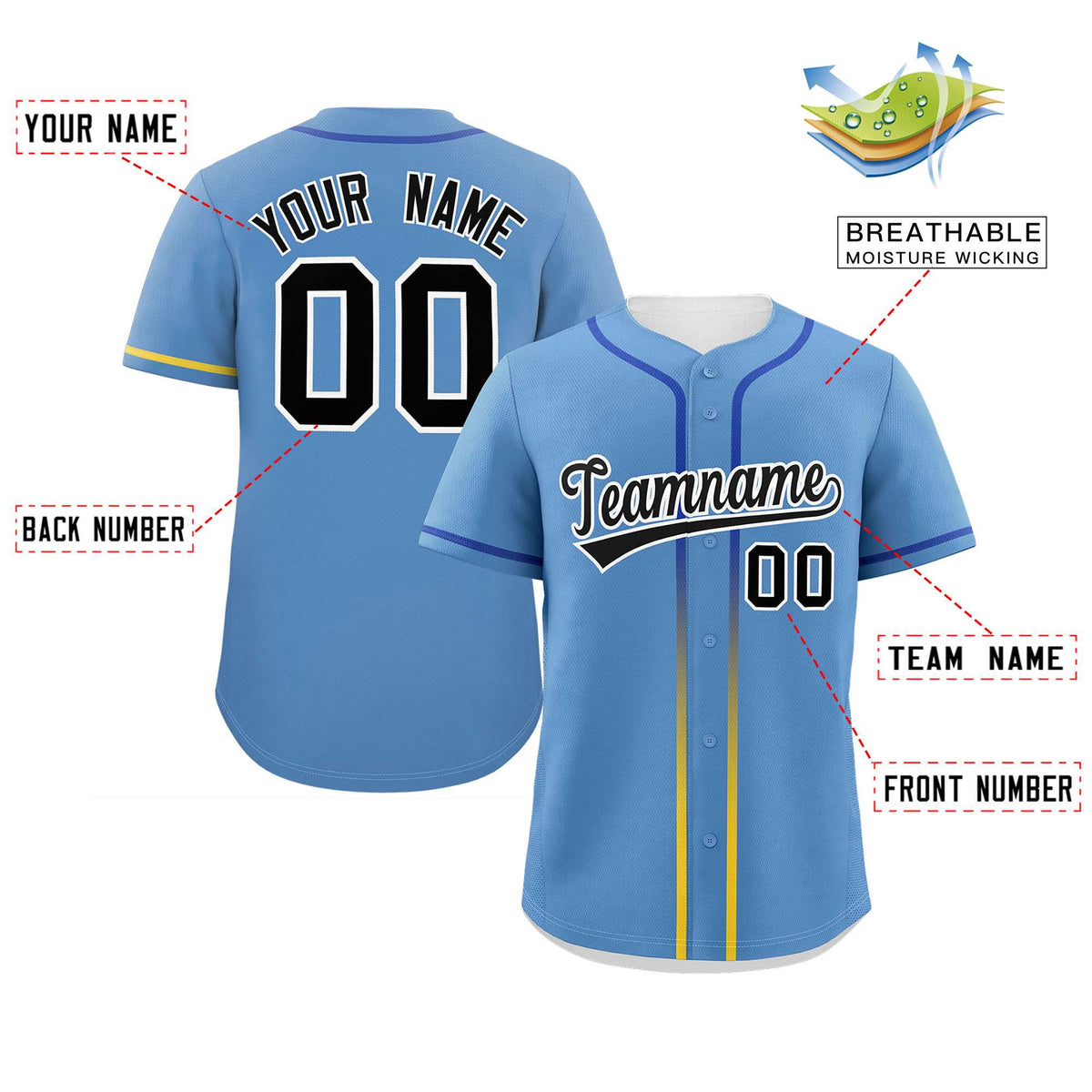 Custom Light Blue Black Personalized Gradient Ribbed Design Authentic Baseball Jersey Limited
