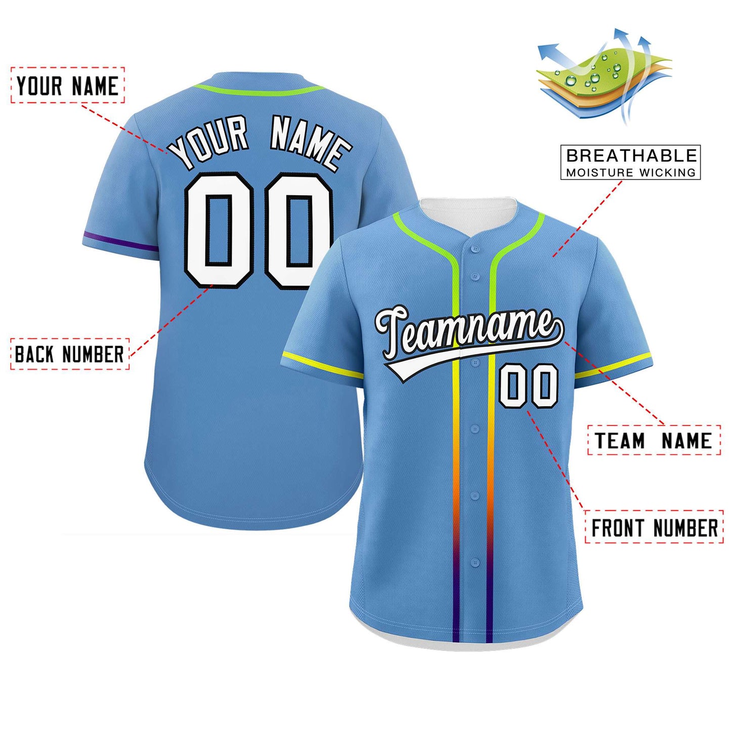 Custom Light Blue White Personalized Gradient Ribbed Design Authentic Baseball Jersey Limited