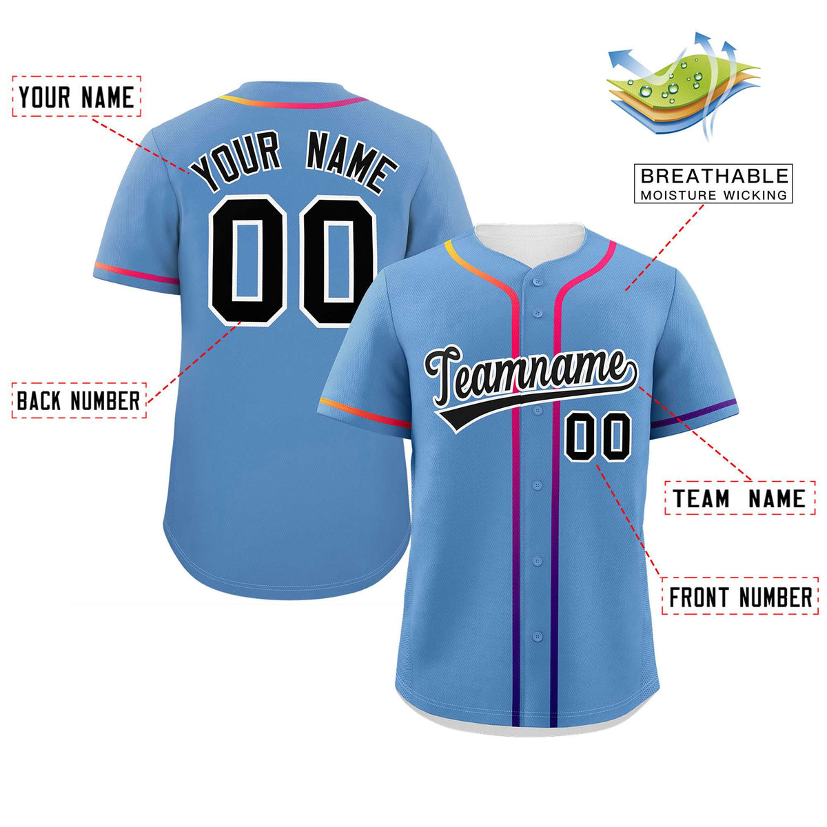 Custom Light Blue Black Personalized Gradient Ribbed Design Authentic Baseball Jersey Limited