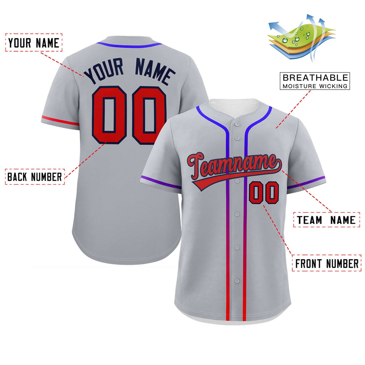 Custom Light Gray Red Personalized Gradient Ribbed Design Authentic Baseball Jersey Limited