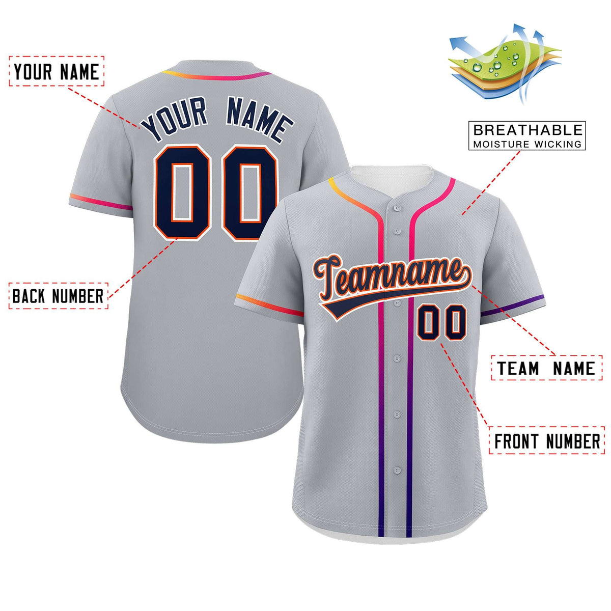 Custom Light Gray Navy Personalized Gradient Ribbed Design Authentic Baseball Jersey Limited