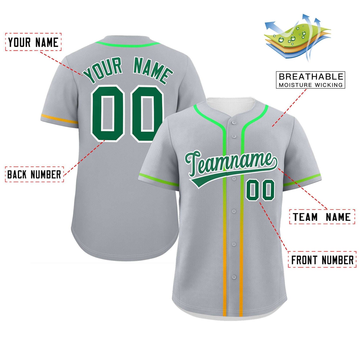 Custom Light Gray Kelly Green Personalized Gradient Ribbed Design Authentic Baseball Jersey Limited