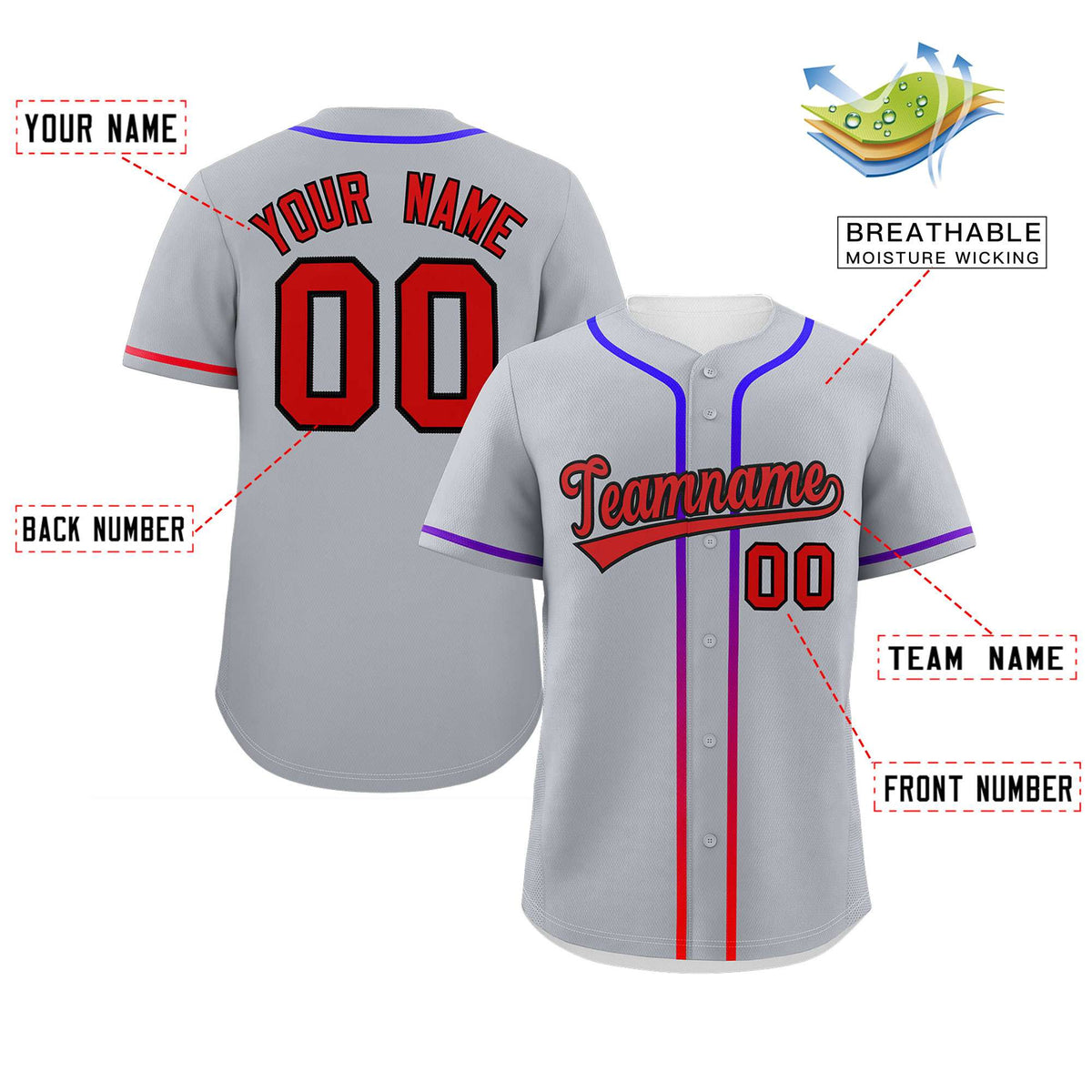 Custom Light Gray Red Personalized Gradient Ribbed Design Authentic Baseball Jersey Limited