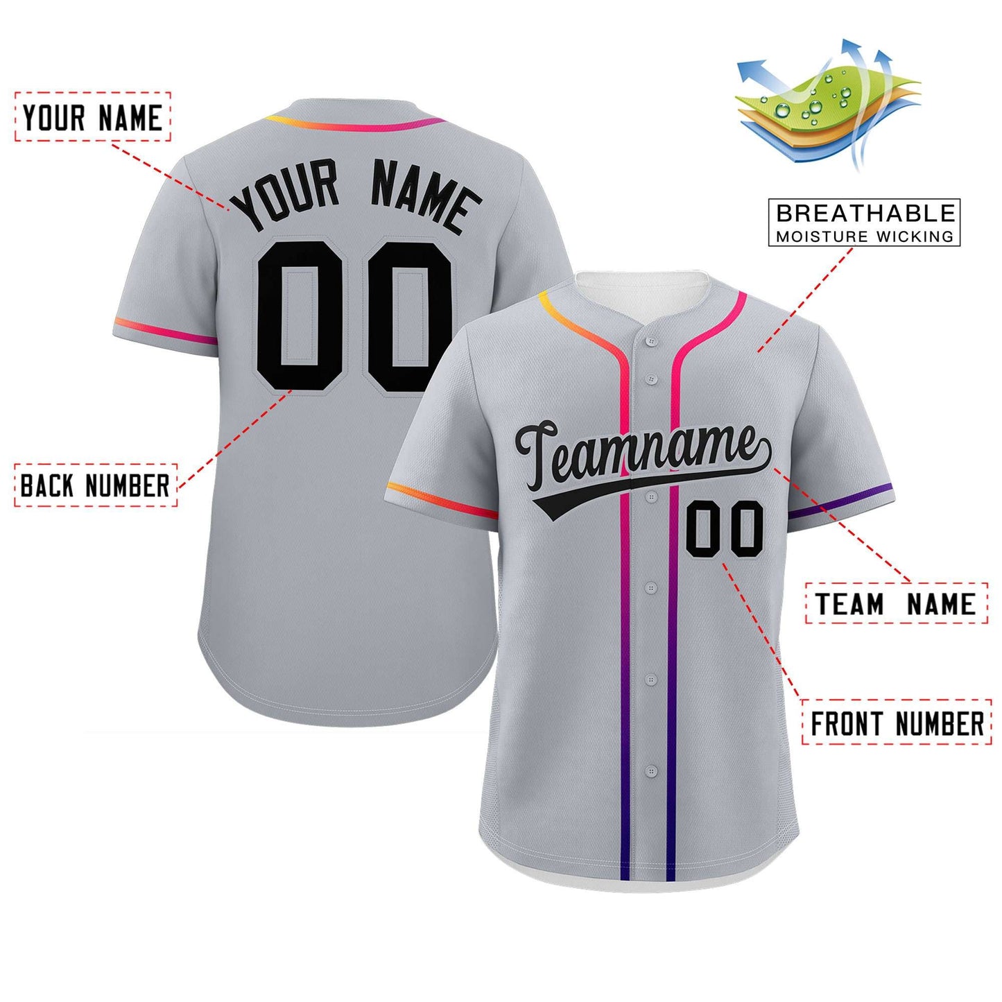 Custom Light Gray Black Personalized Gradient Ribbed Design Authentic Baseball Jersey Limited
