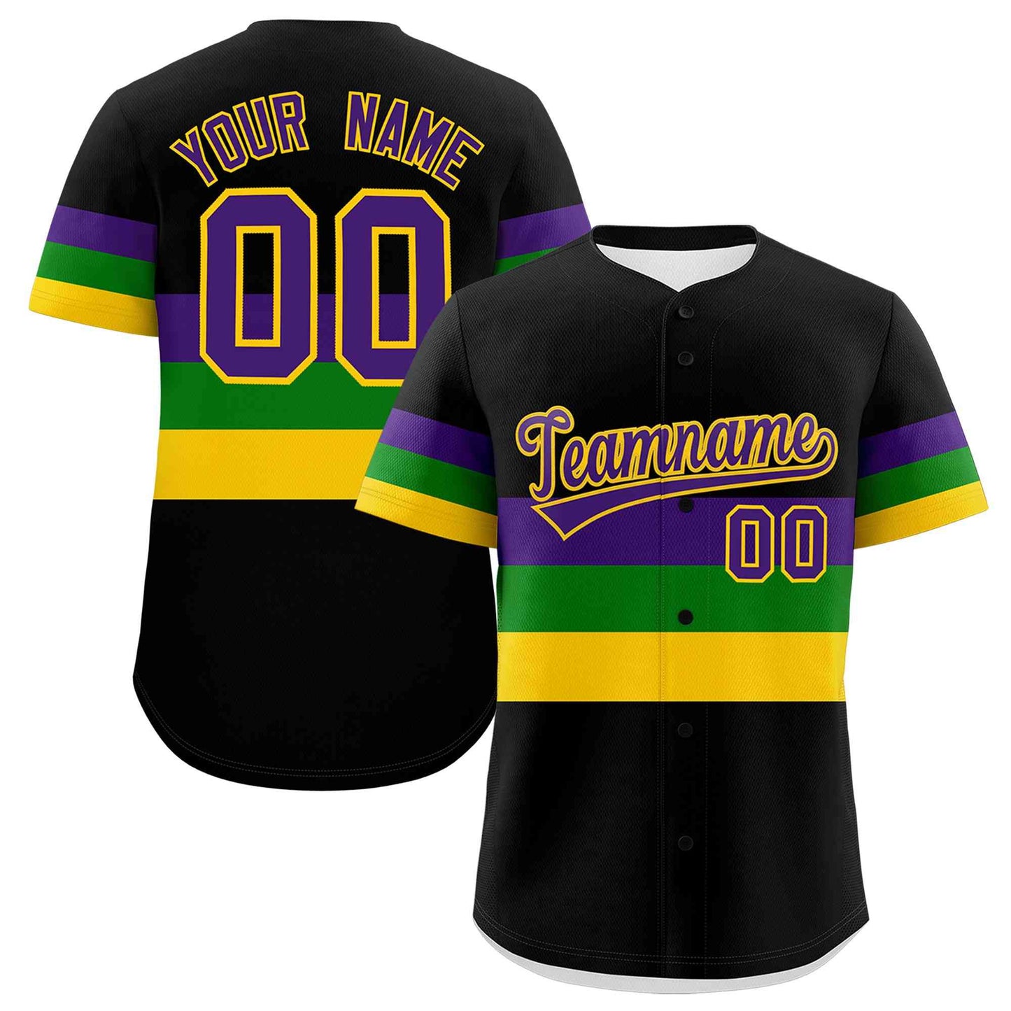 Custom Black Purple Kelly Green Gold Personalization Mardi Gras Authentic Baseball Jersey