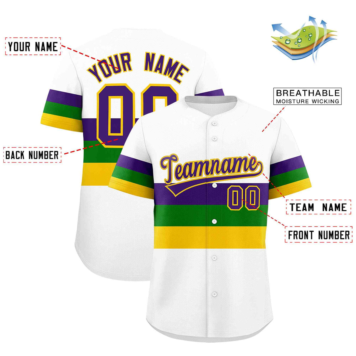 Custom White Purple Kelly Green Gold Personalization Mardi Gras Authentic Baseball Jersey Limited