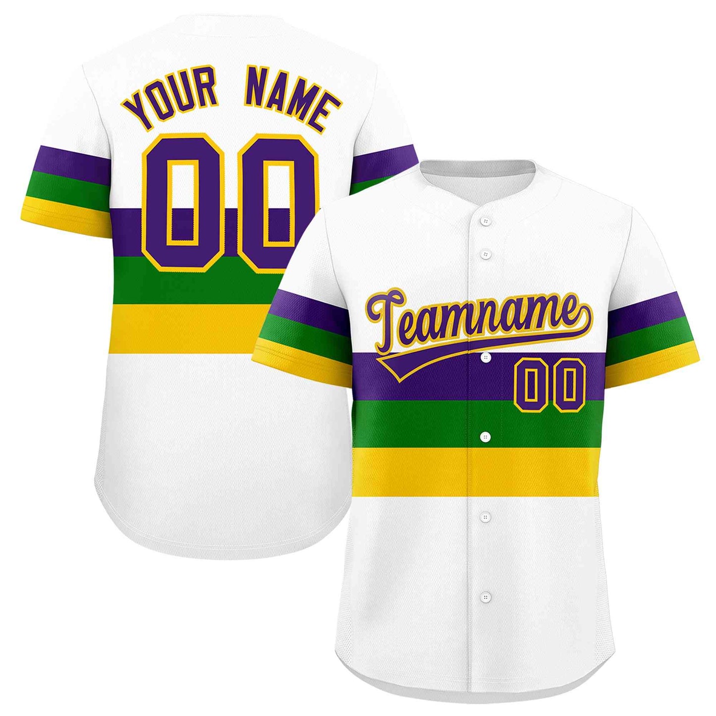 Custom White Purple Kelly Green Gold Personalization Mardi Gras Authentic Baseball Jersey