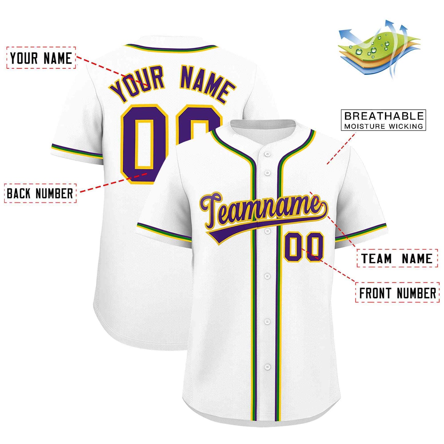 Custom White Purple Gold Kelly Green Personalization Mardi Gras Authentic Baseball Jersey Limited