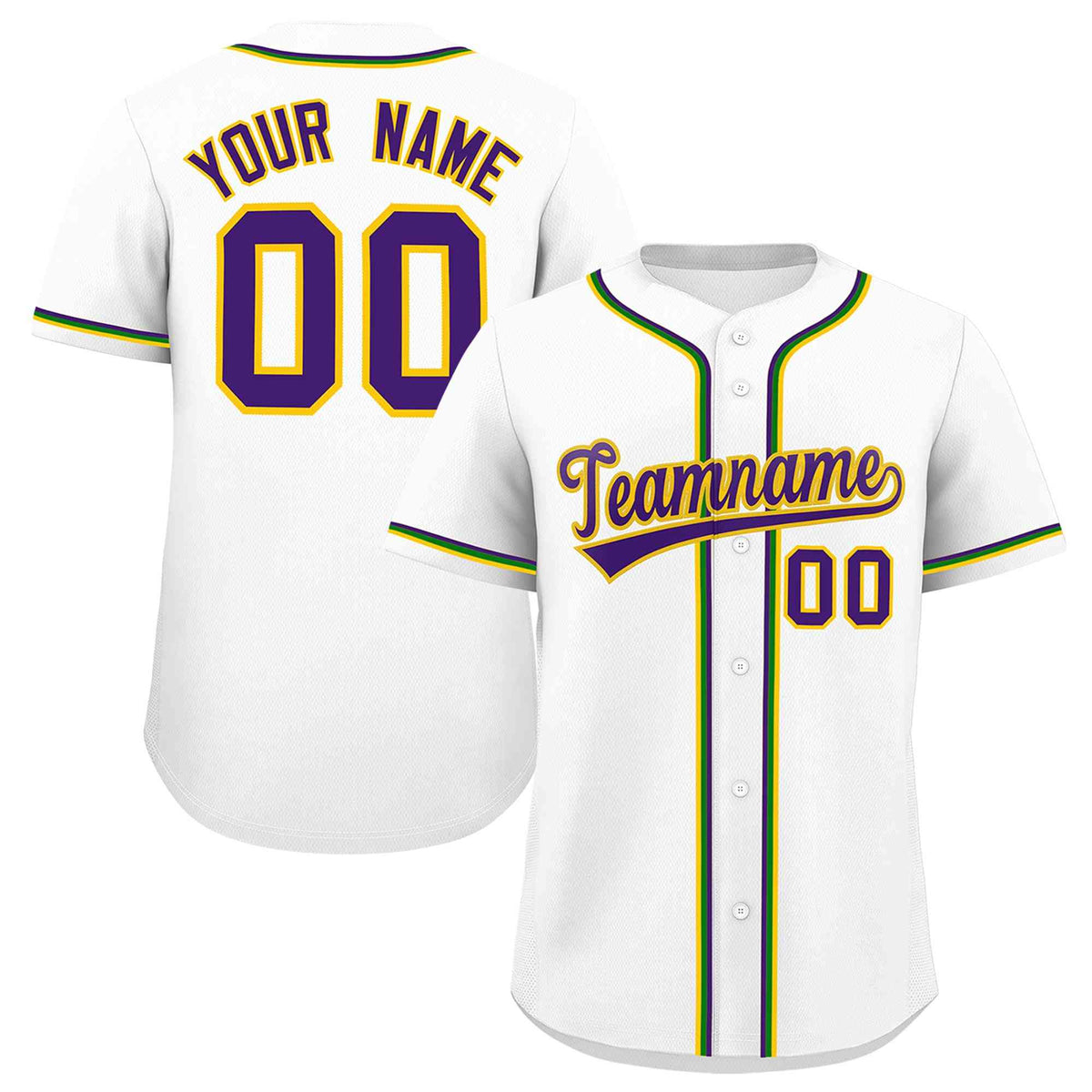 Custom White Purple Gold Kelly Green Personalization Mardi Gras Authentic Baseball Jersey