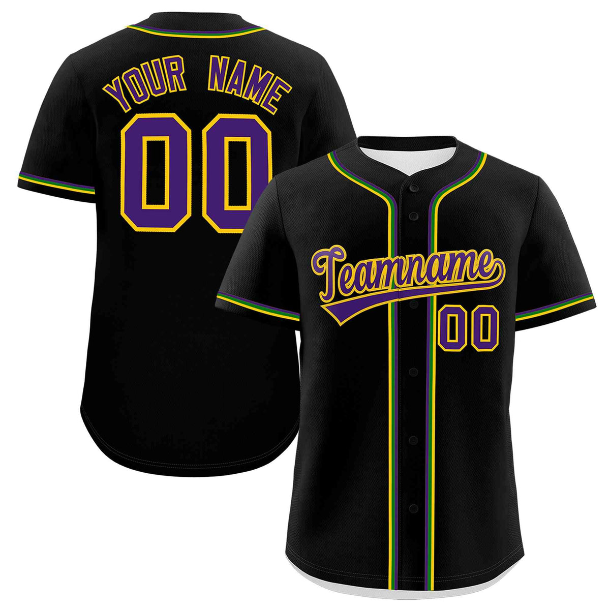 Custom Black Purple Gold Kelly Green Personalization Mardi Gras Authentic Baseball Jersey