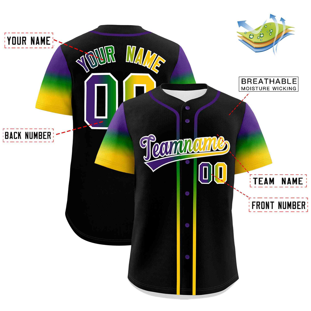 Custom Black Purple Kelly Green Gold Personalization Gradient Mardi Gras Authentic Baseball Jersey Limited