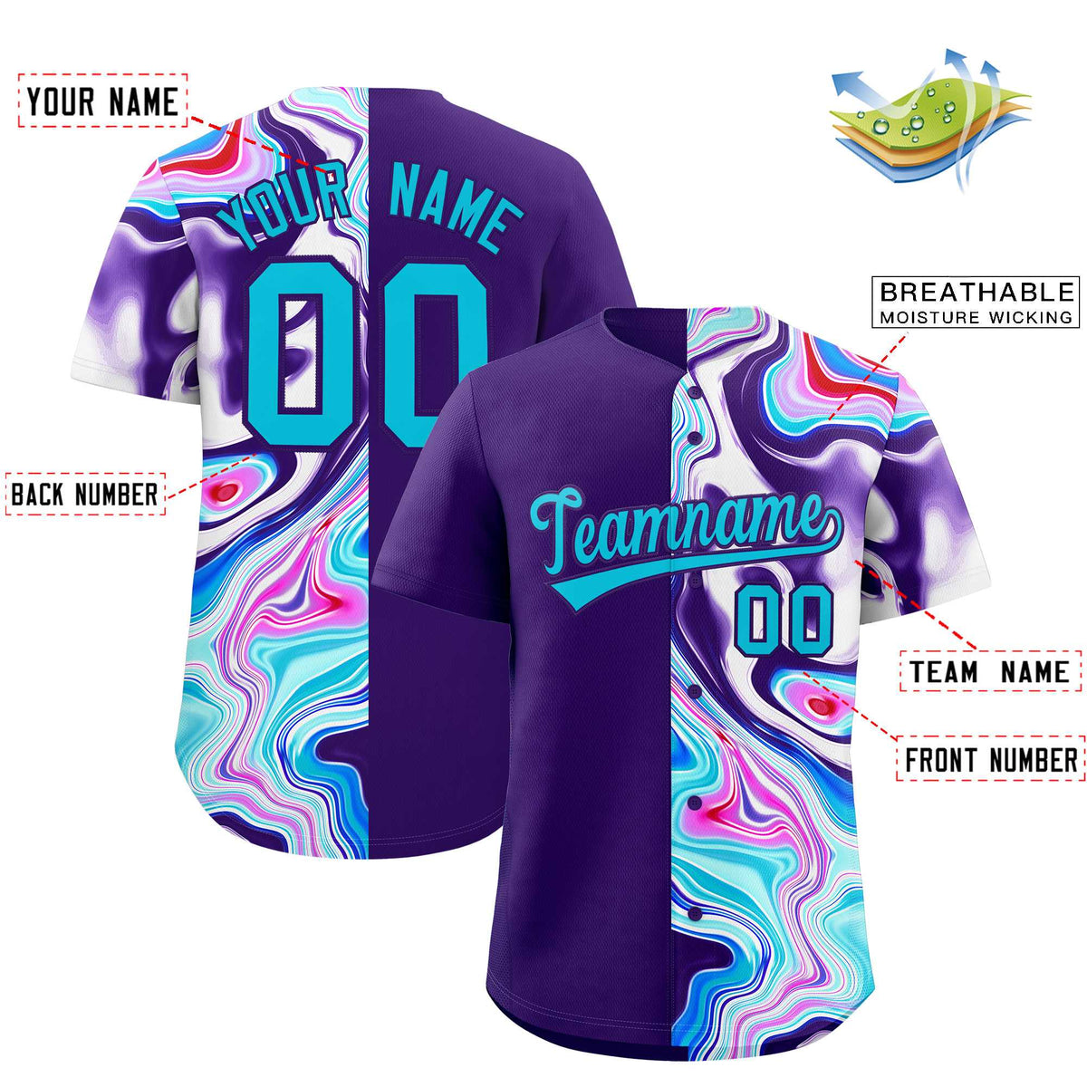 Custom Purple Split Fashion Fluid Pattern Authentic Baseball Jersey Limited