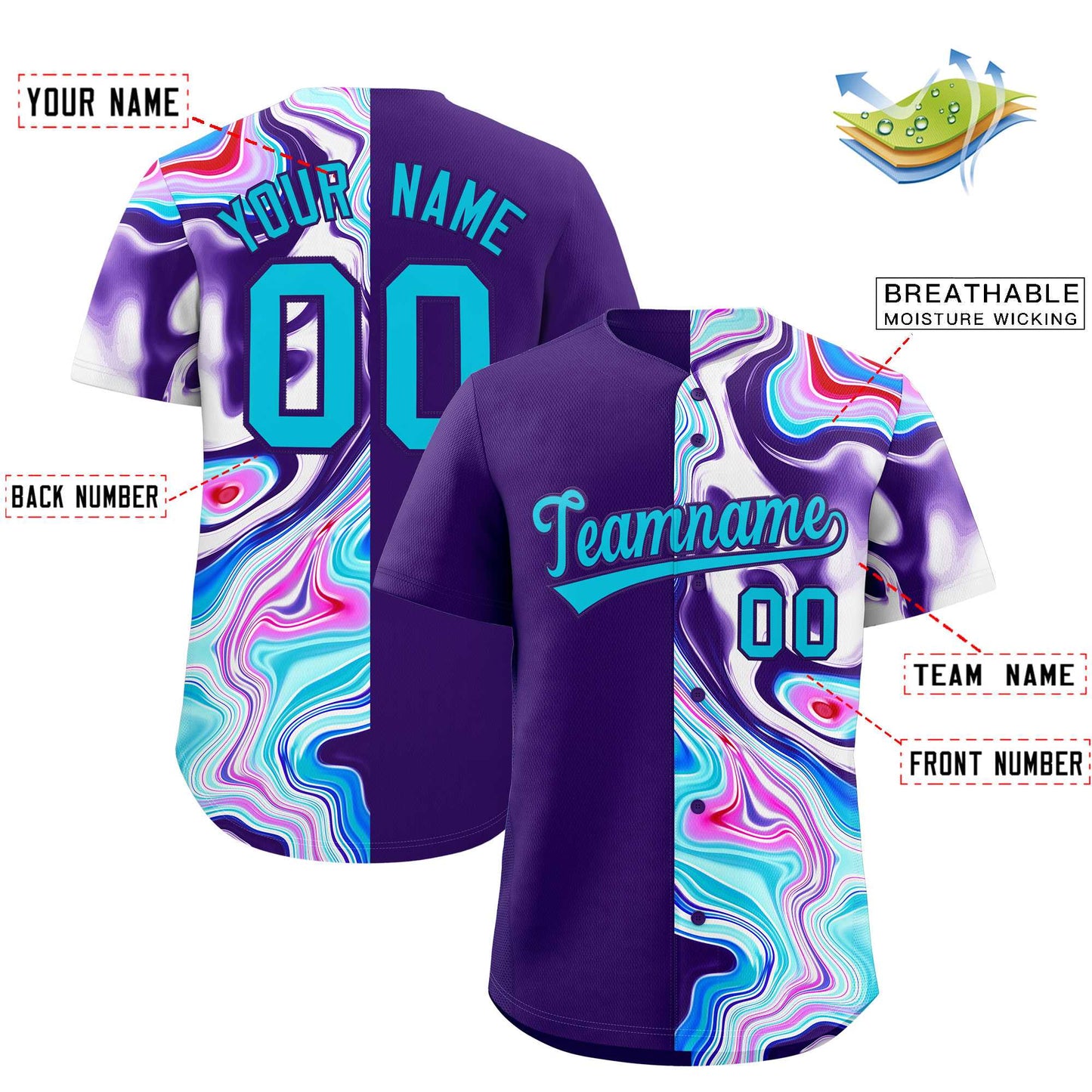 Custom Purple Split Fashion Fluid Pattern Authentic Baseball Jersey Limited
