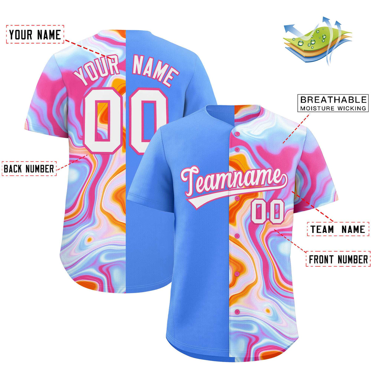 Custom Powder Blue Split Fashion Fluid Pattern Authentic Baseball Jersey Limited