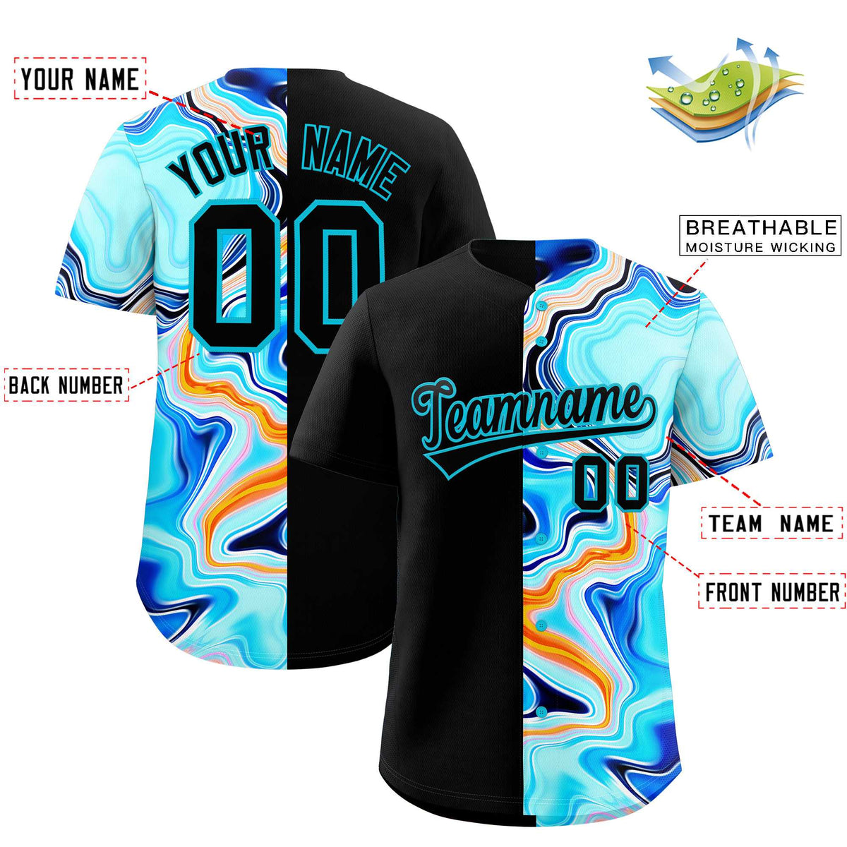Custom Black Split Fashion Fluid Pattern Authentic Baseball Jersey Limited
