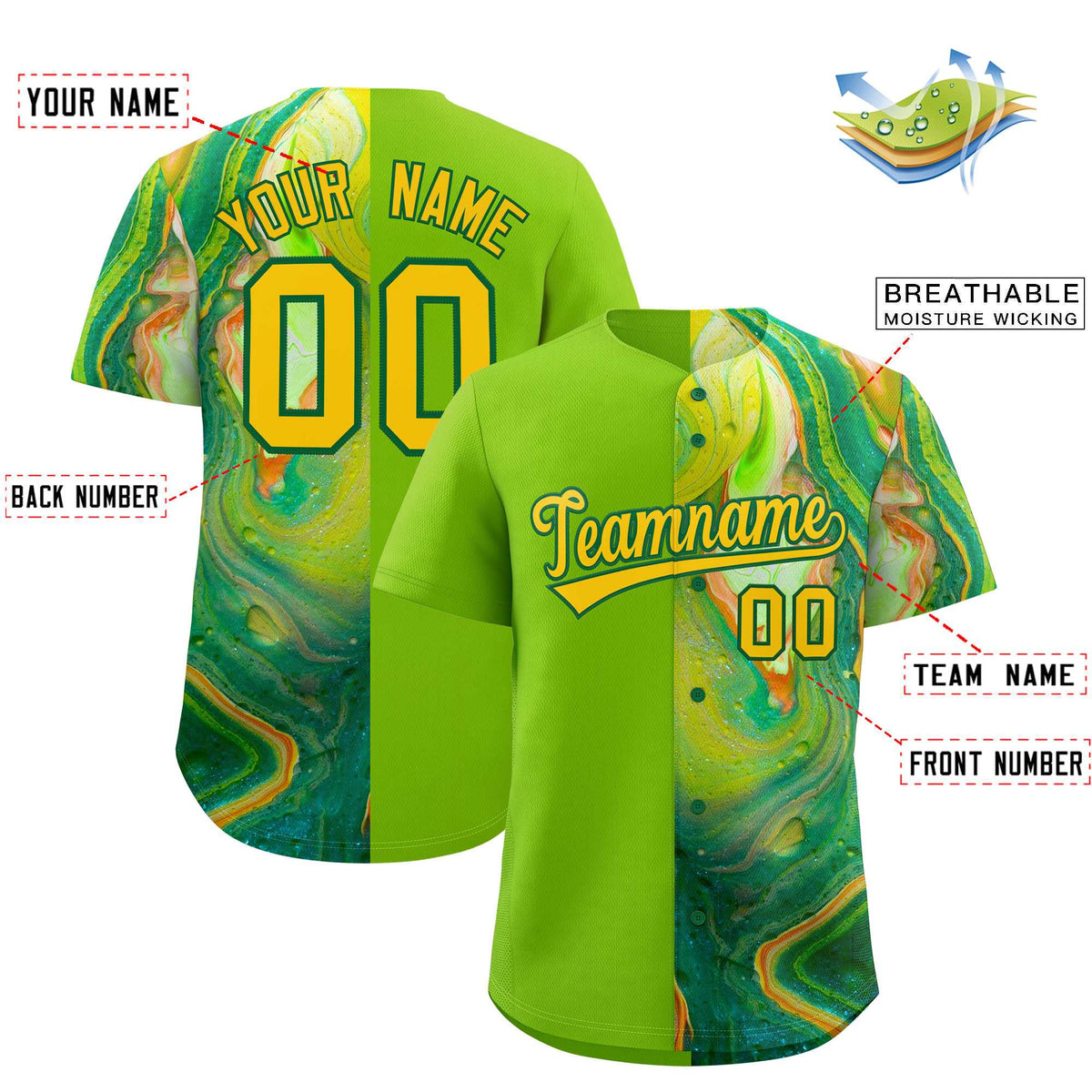 Custom Neon Green Split Fashion Fluid Pattern Authentic Baseball Jersey Limited