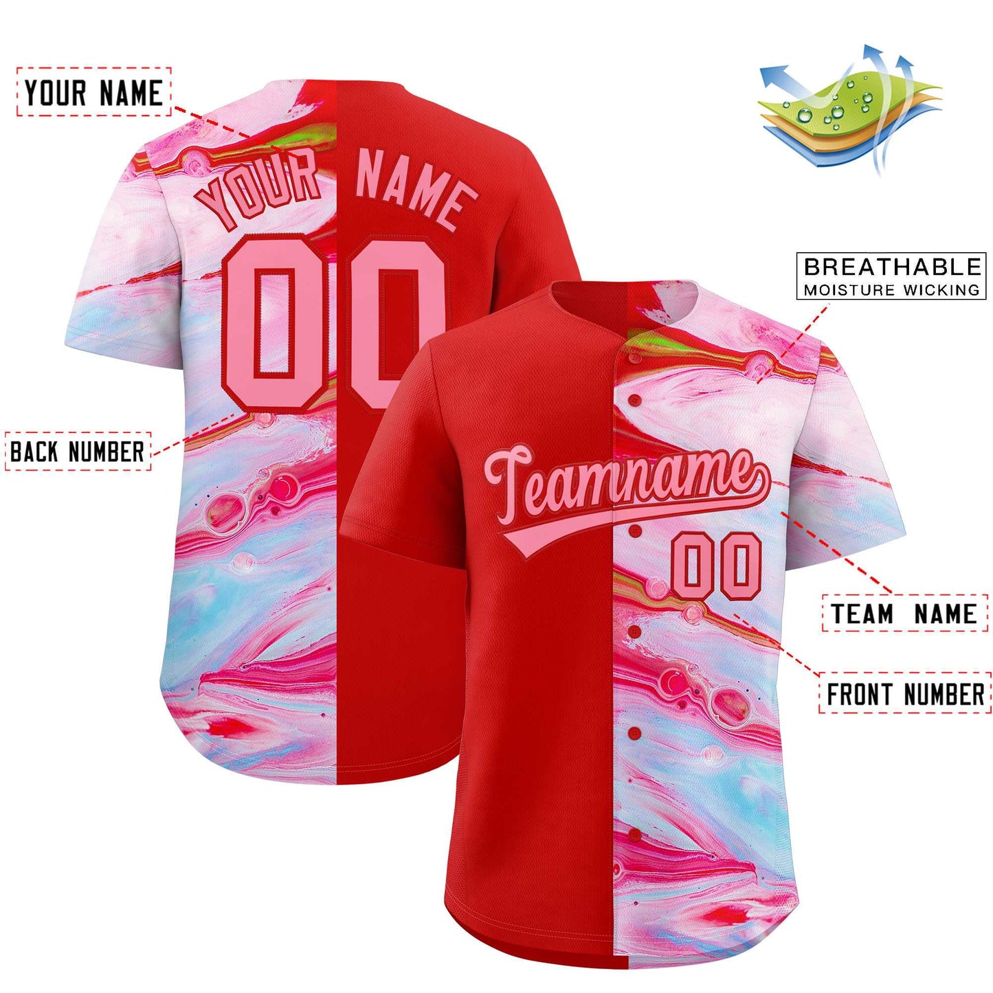 Custom Red Split Fashion Fluid Pattern Authentic Baseball Jersey Limited