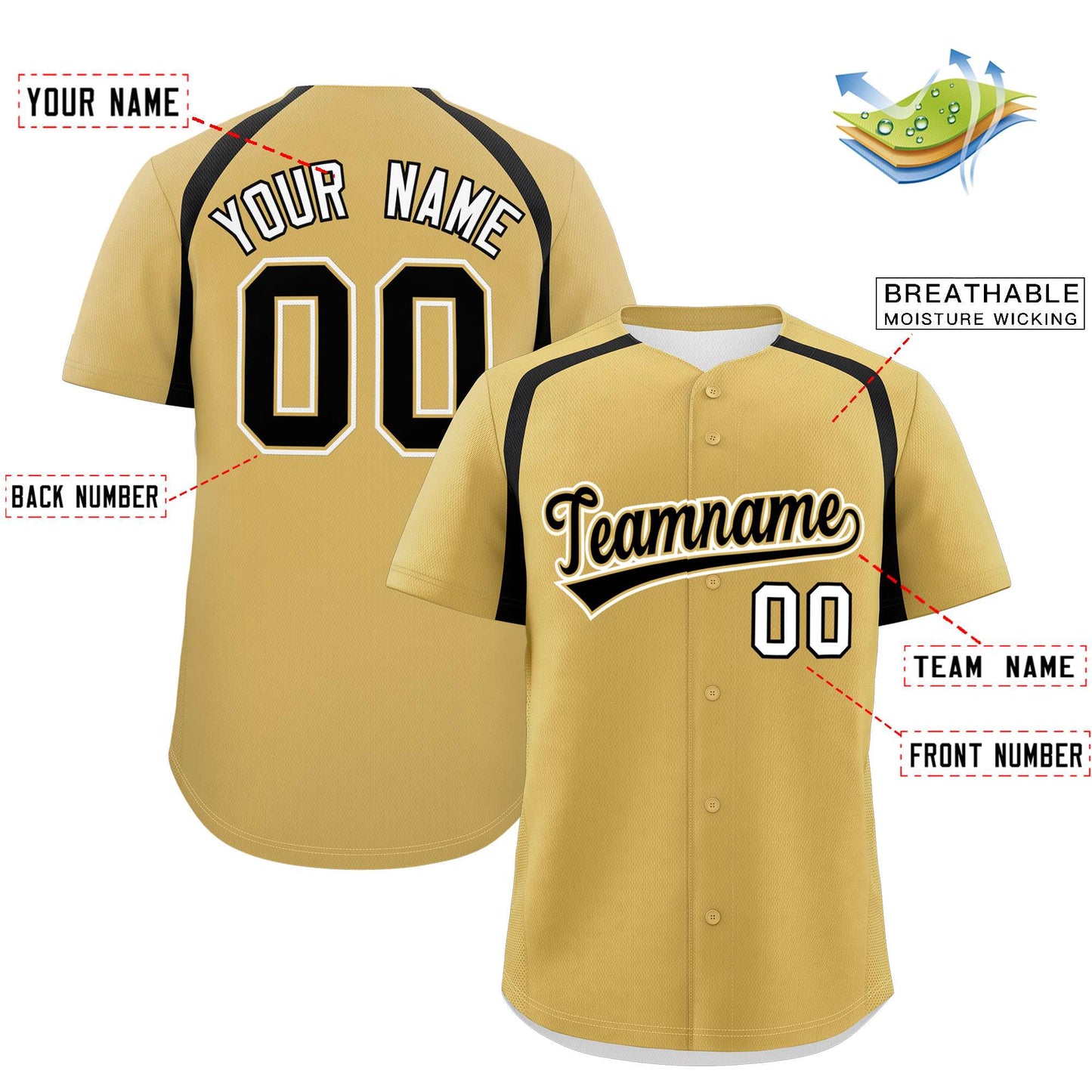 Custom Old Gold Black Personalized Color Block Authentic Baseball Jersey Limited