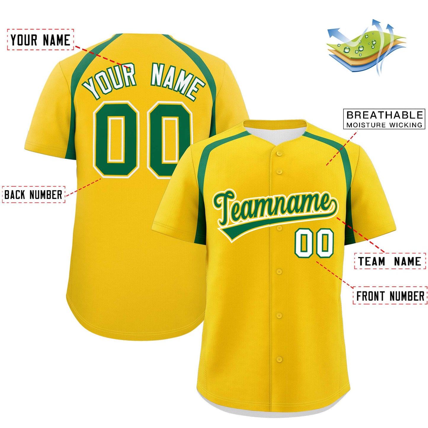 Custom Gold Kelly Green Personalized Color Block Authentic Baseball Jersey Limited