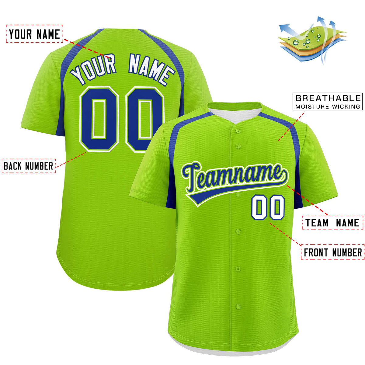 Custom Neon Green Royal Personalized Color Block Authentic Baseball Jersey Limited