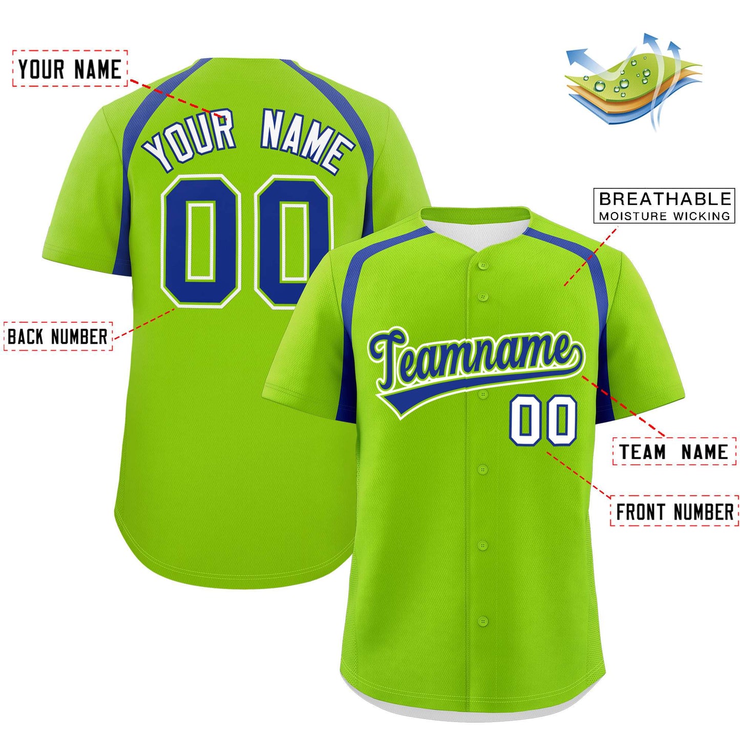 Custom Neon Green Royal Personalized Color Block Authentic Baseball Jersey Limited
