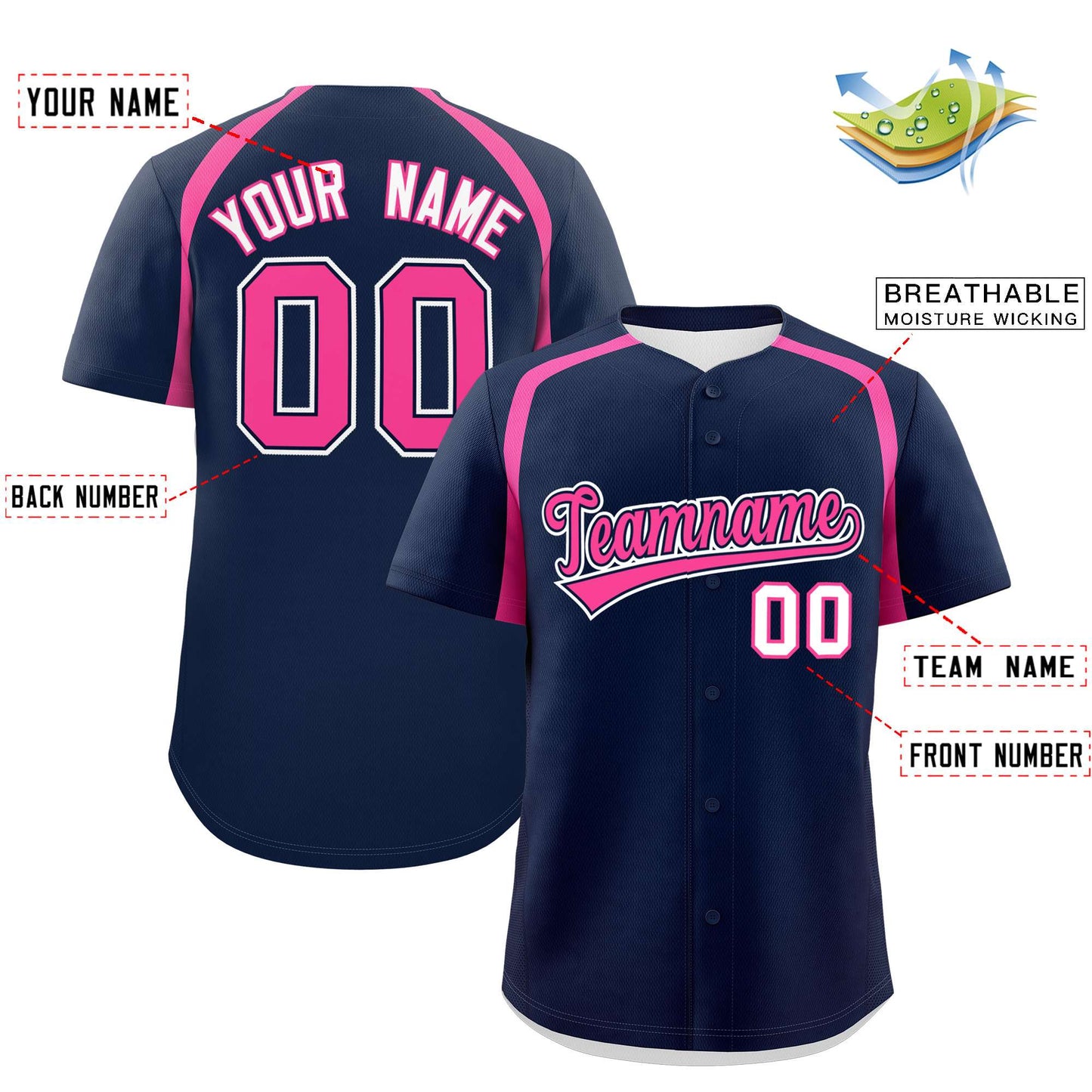 Custom Navy Pink Personalized Color Block Authentic Baseball Jersey Limited