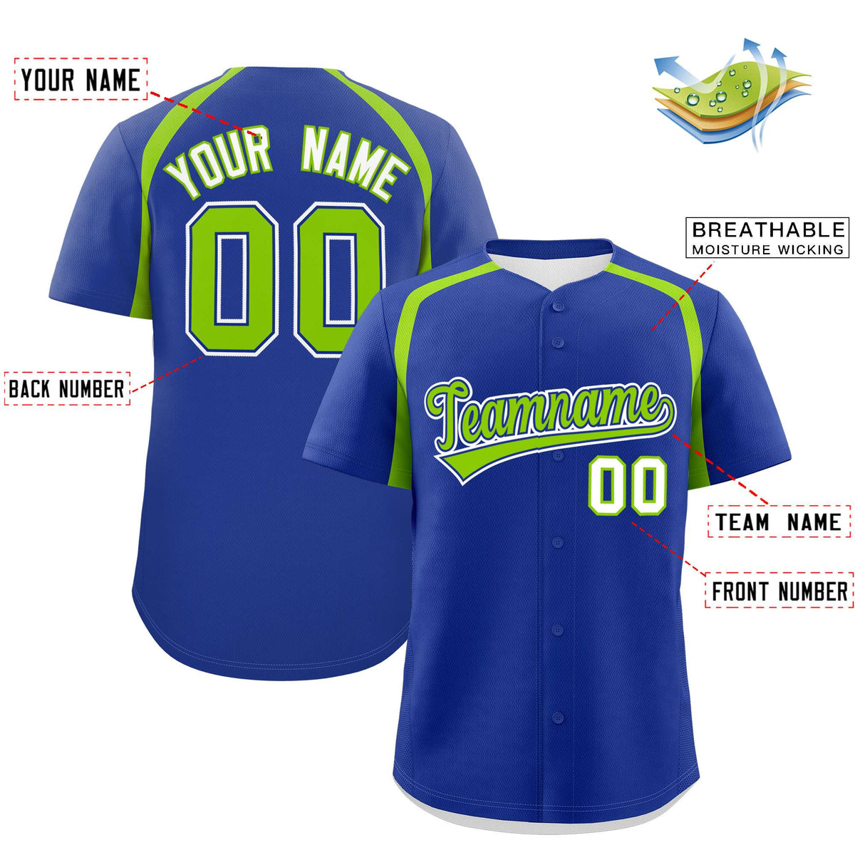 Custom Royal Neon Green Personalized Color Block Authentic Baseball Jersey Limited