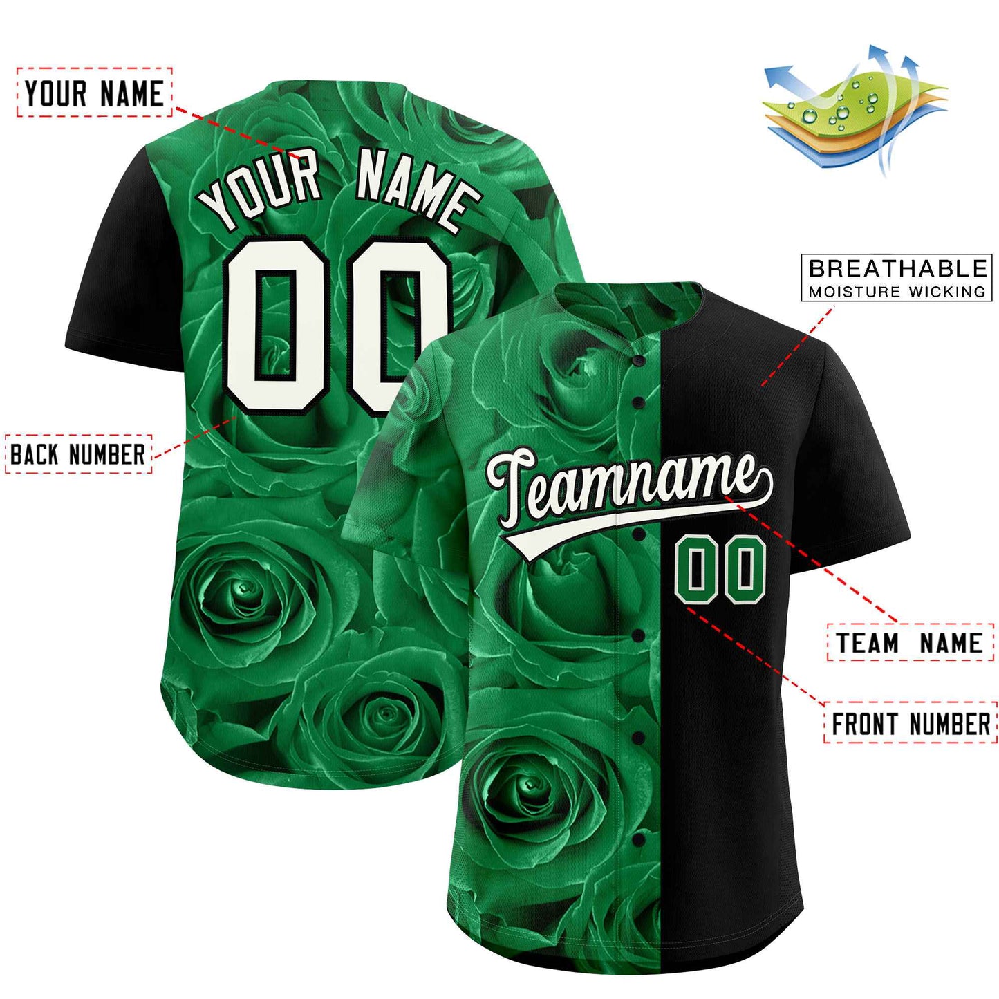 Custom Kelly Green Black Split Rose Print Authentic Baseball Jersey Limited