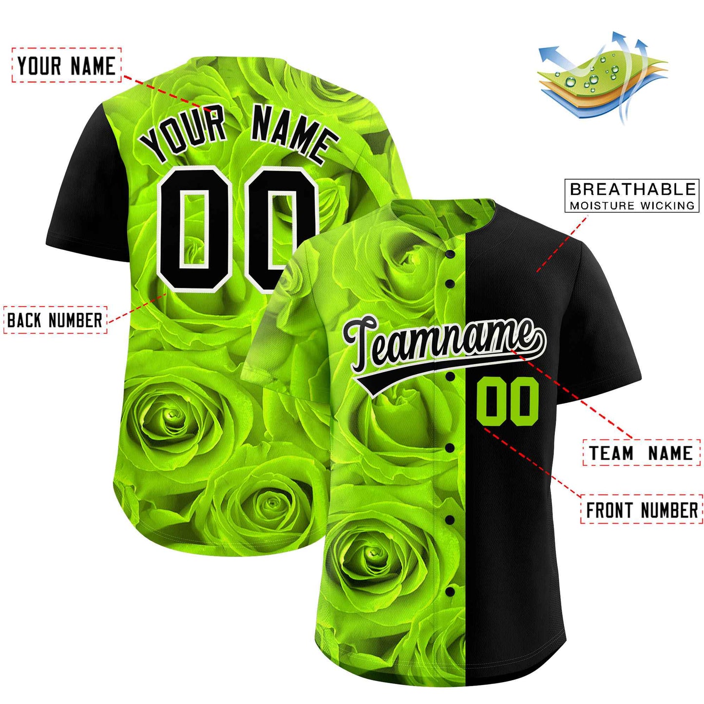 Custom Neon Green Black Split Rose Print Authentic Baseball Jersey Limited