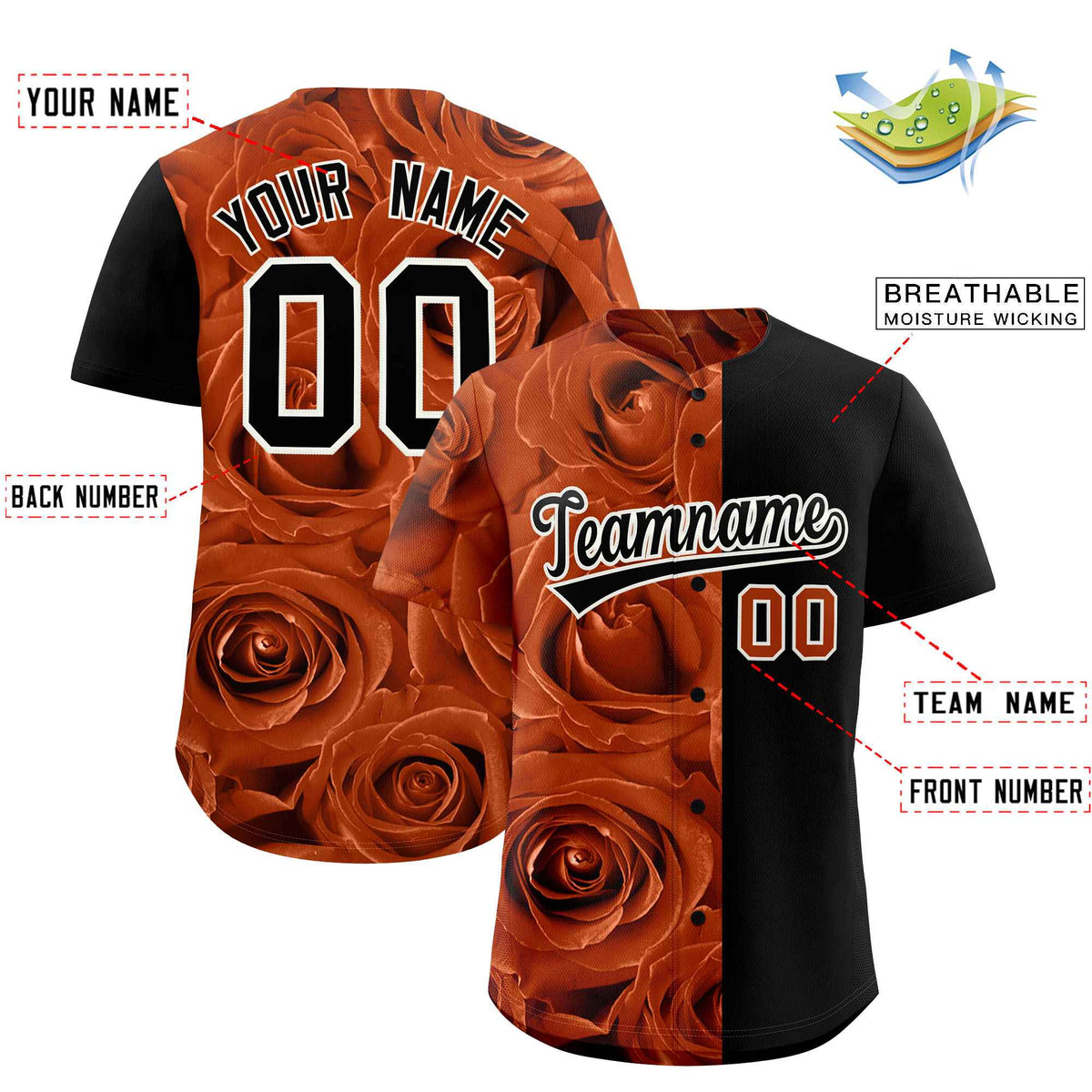 Custom Texas Orange Black Split Rose Print Authentic Baseball Jersey Limited
