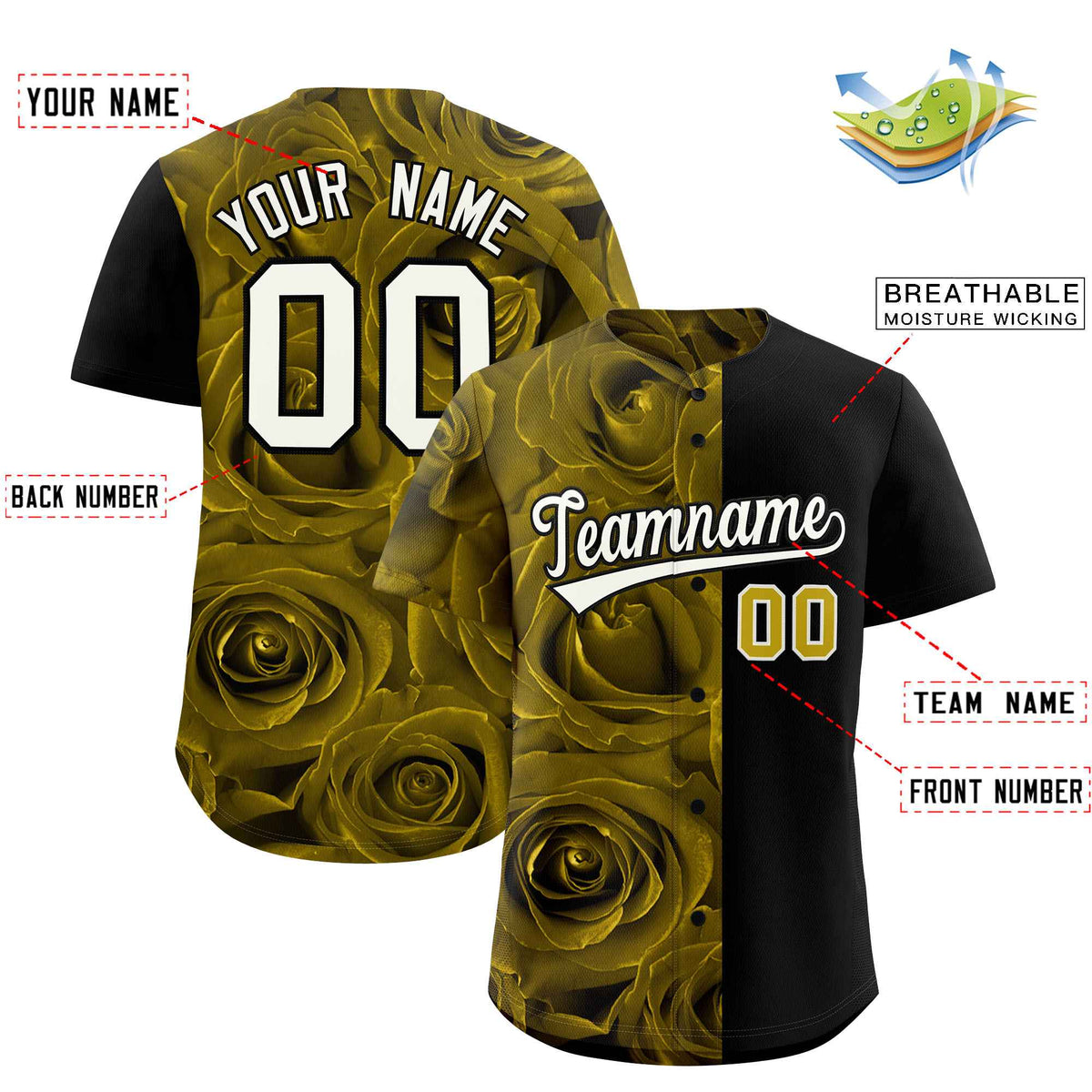 Custom Old Gold Black Split Rose Print Authentic Baseball Jersey Limited